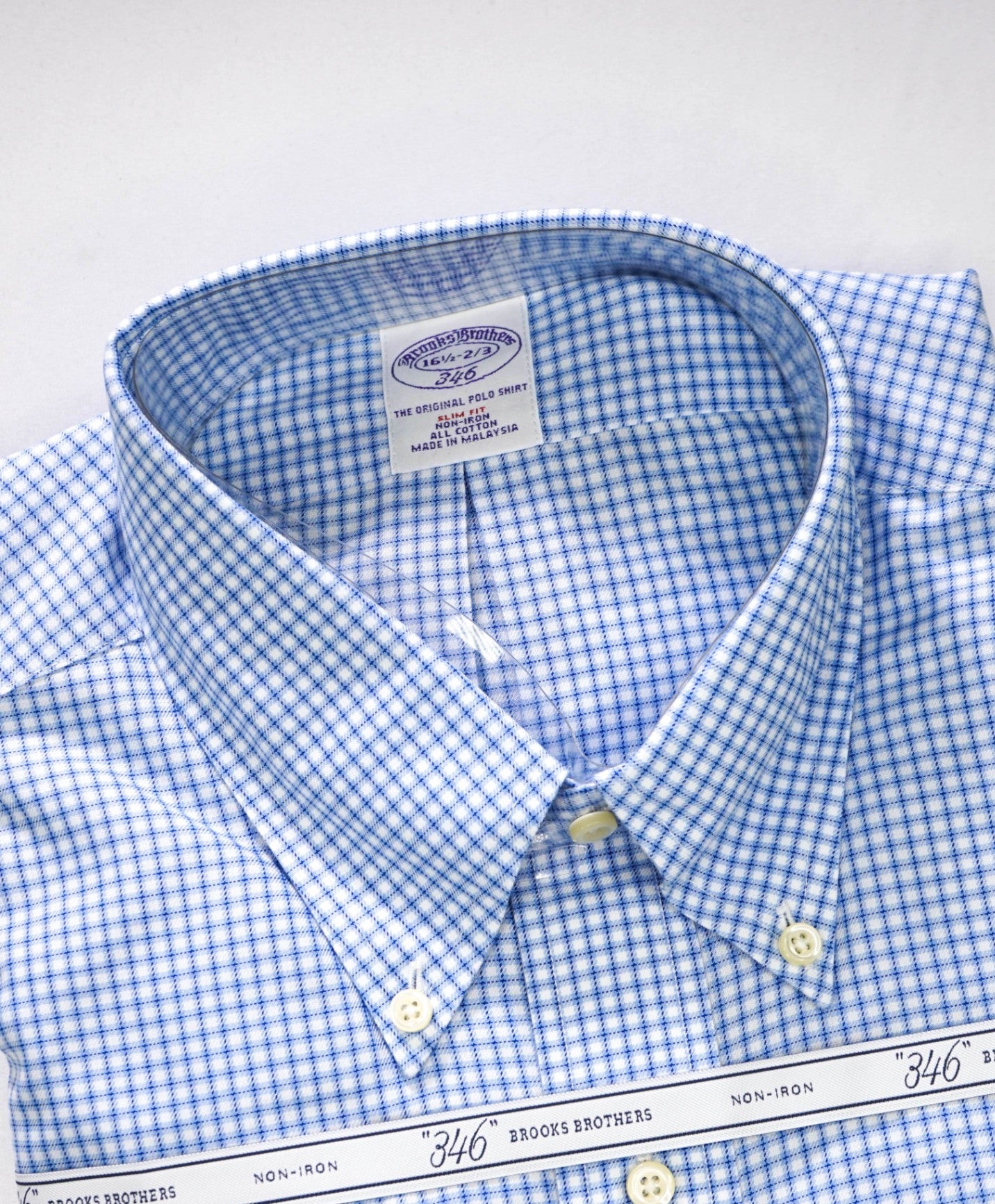 $128 BROOKS BROTHERS - Blue Check NON-IRON SLIM FIT "346" Shirt - 16.5 - 32/33