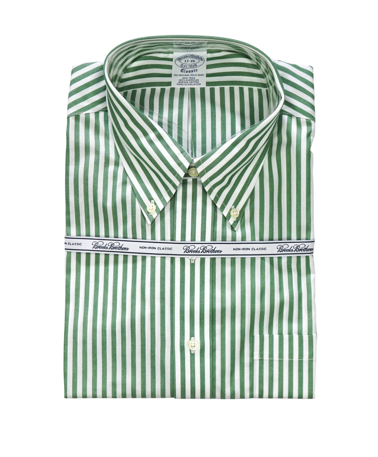 $128 BROOKS BROTHERS - Green Stripe NON-IRON CLASSIC Shirt - 17 - 35
