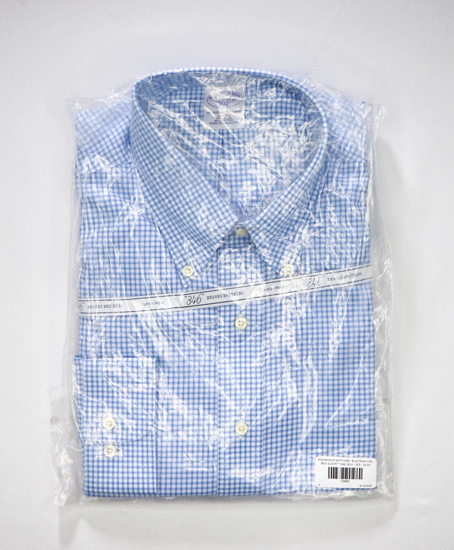$128 BROOKS BROTHERS - Blue Check NON-IRON SLIM FIT "346" Shirt - 16.5 - 32/33