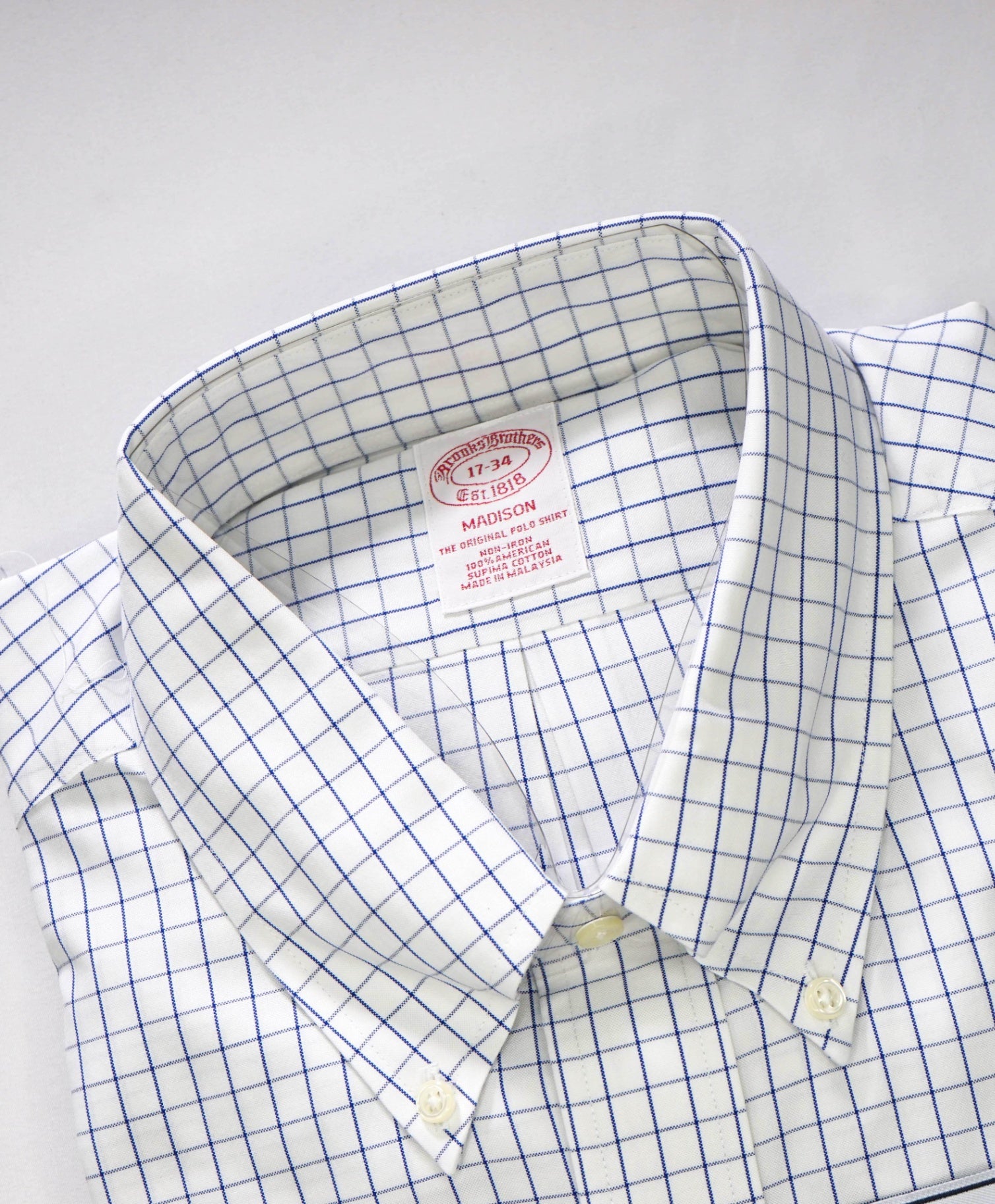 $128 BROOKS BROTHERS - Blue Check NON-IRON MADISON Shirt - 17 - 34