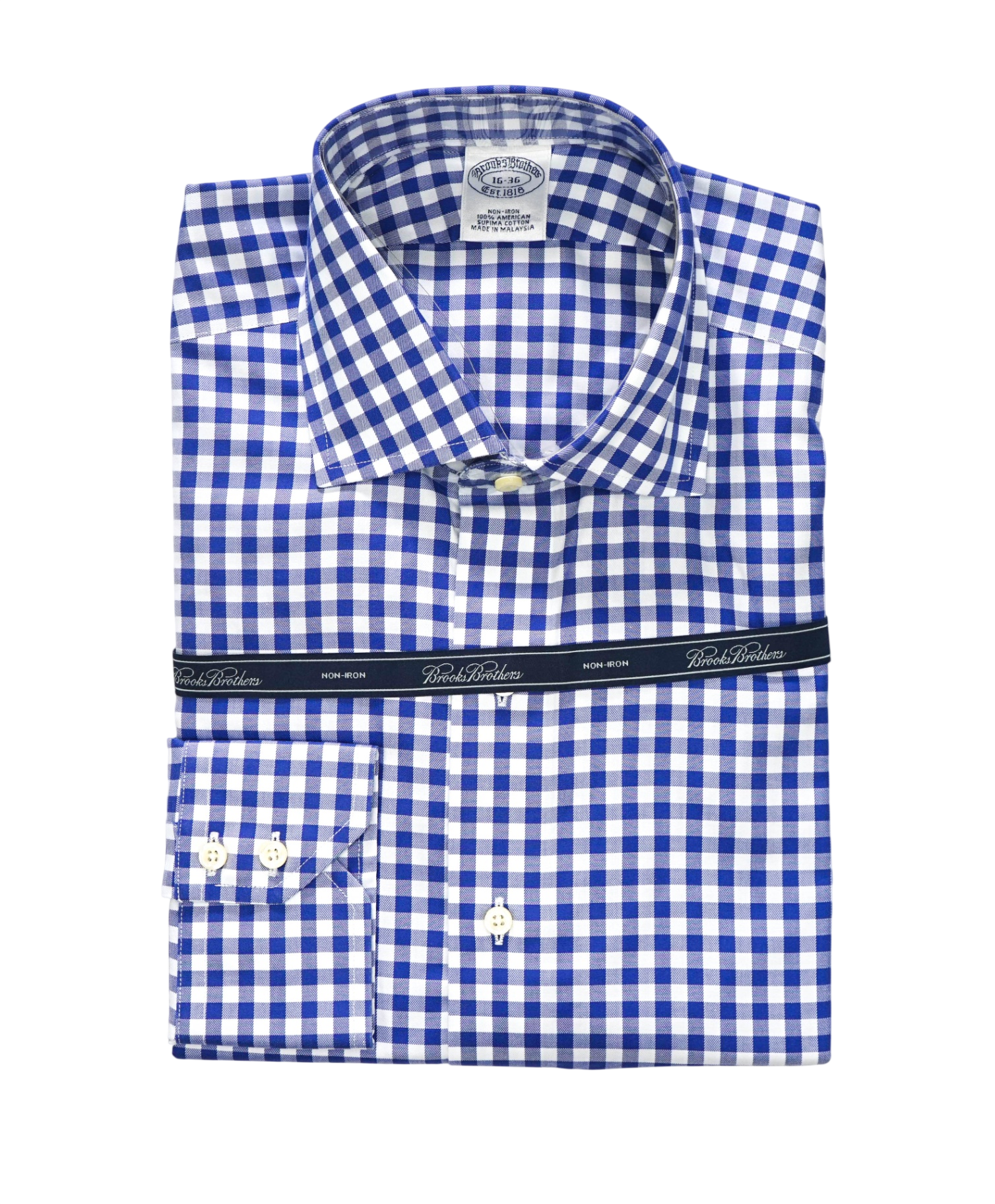 $128 BROOKS BROTHERS - Blue Gingham NON-IRON Shirt - 16 - 36