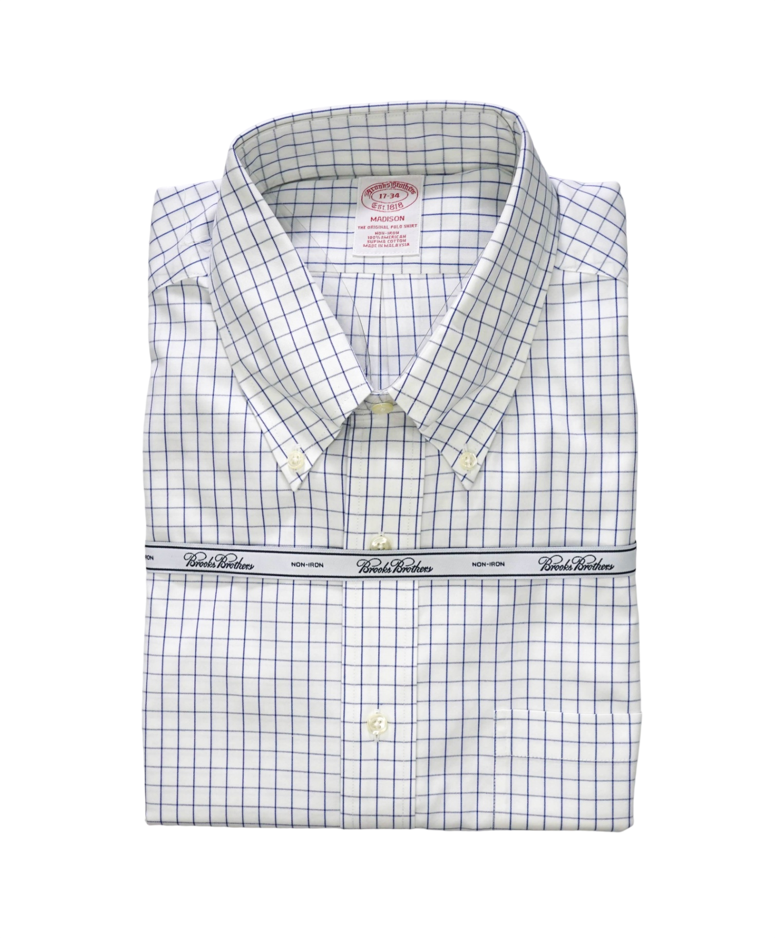 $128 BROOKS BROTHERS - Blue Check NON-IRON MADISON Shirt - 17 - 34