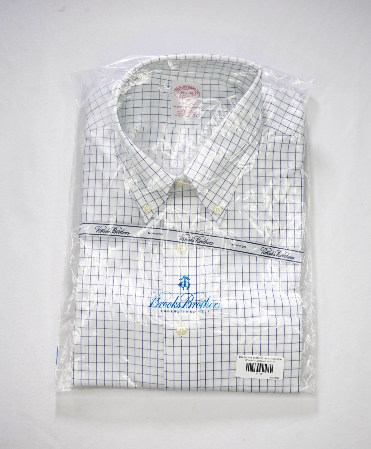 $128 BROOKS BROTHERS - Blue Check NON-IRON MADISON Shirt - 16.5 - 34