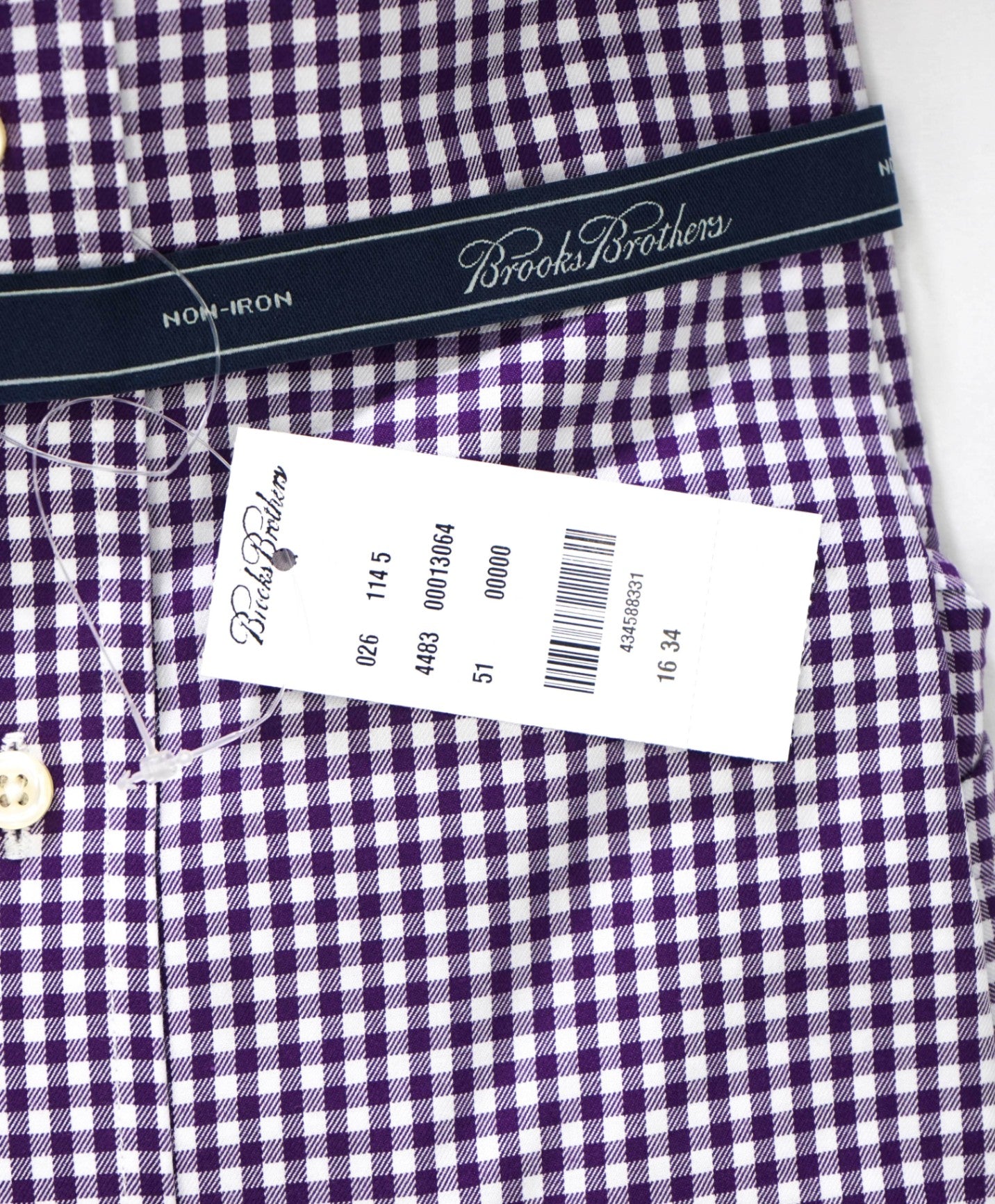 $128 BROOKS BROTHERS - Purple Gingham NON-IRON Shirt - 16 - 34