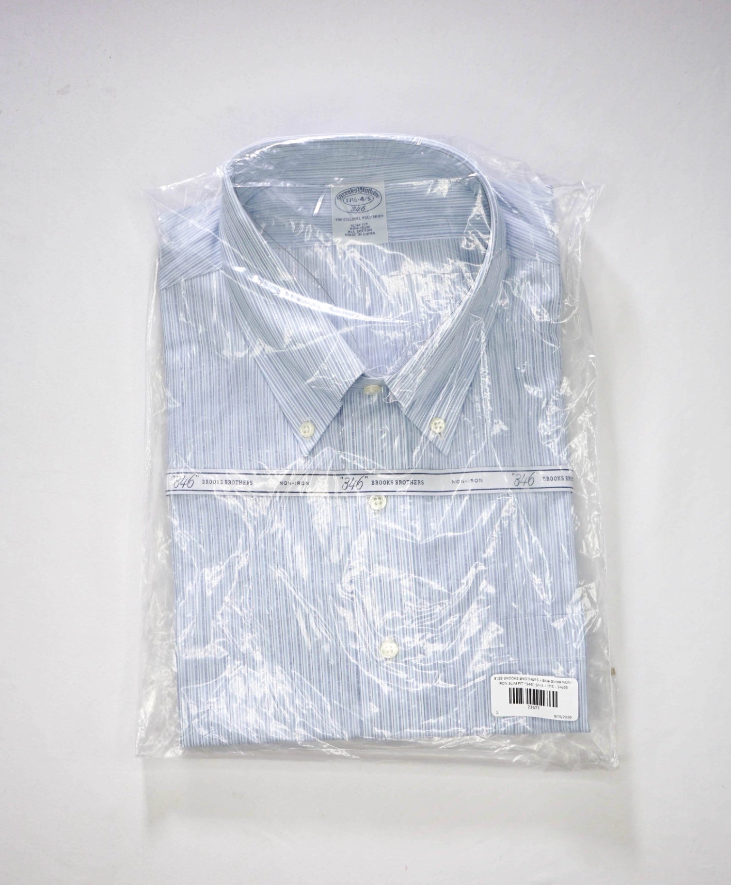 $128 BROOKS BROTHERS - Blue Stripe NON-IRON SLIM FIT "346" Shirt - 17.5 - 34/35