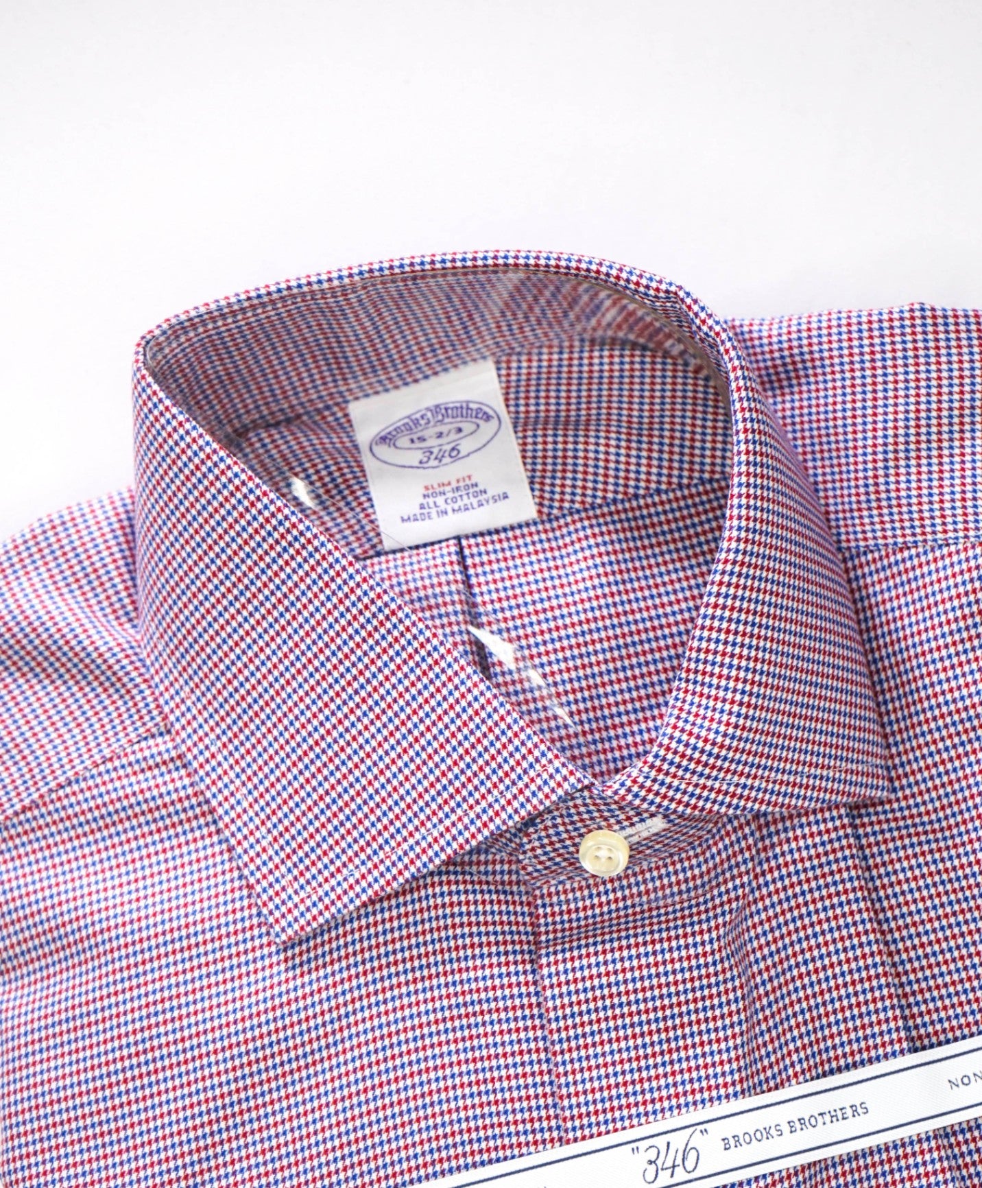$128 BROOKS BROTHERS - Blue/Red Micro Houndstooth NON-IRON SLIM FIT "346" Shirt - 15 - 32/33
