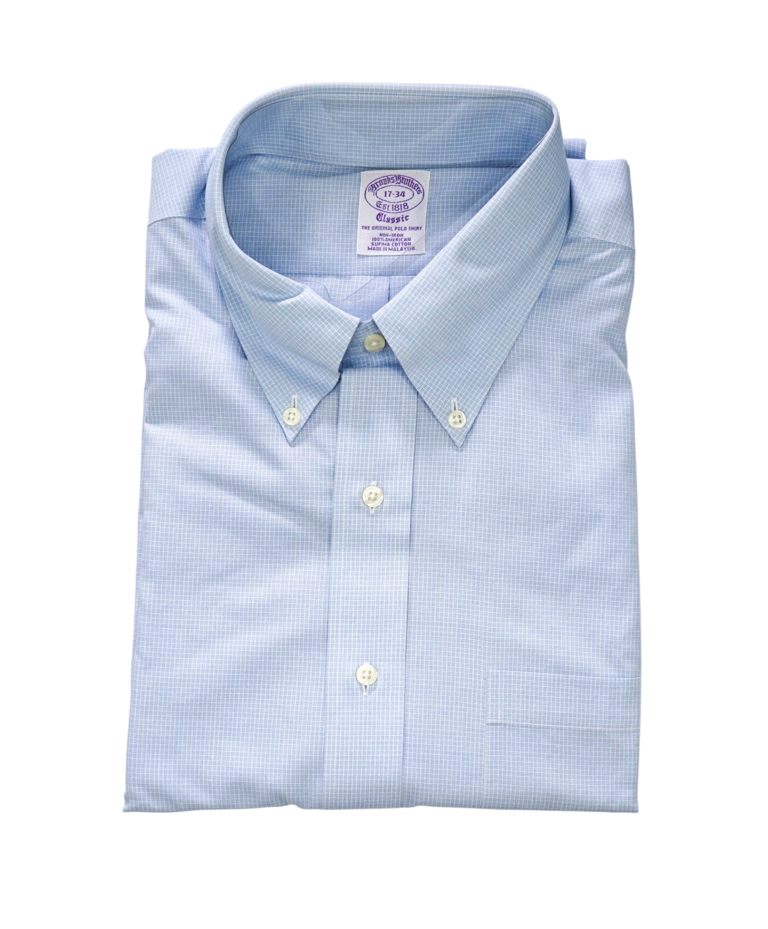 $128 BROOKS BROTHERS - Blue Micro Check NON-IRON CLASSIC Shirt - 17 - 34