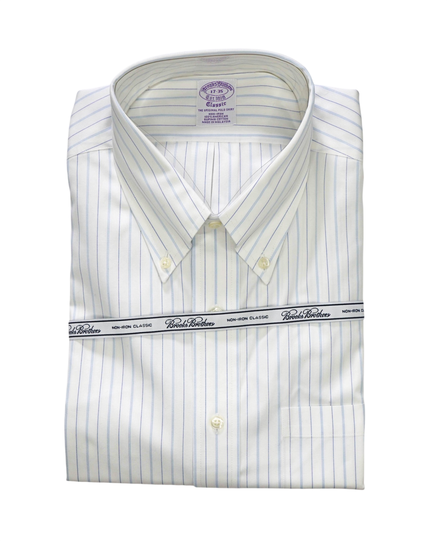 $128 BROOKS BROTHERS - Blue Stripe NON-IRON CLASSIC Shirt - 17 - 35