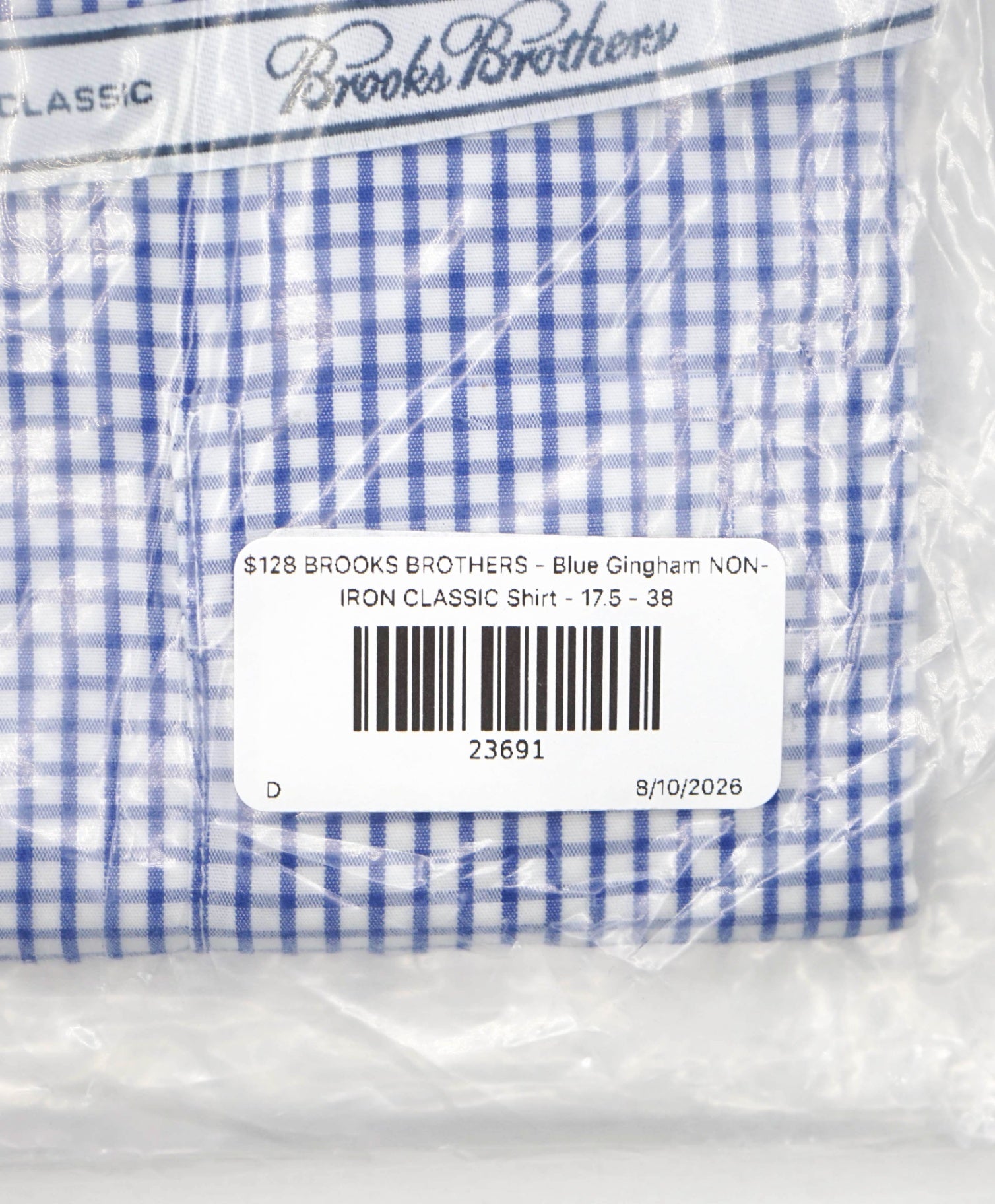 $128 BROOKS BROTHERS - Blue Gingham NON-IRON CLASSIC Shirt - 17.5 - 38