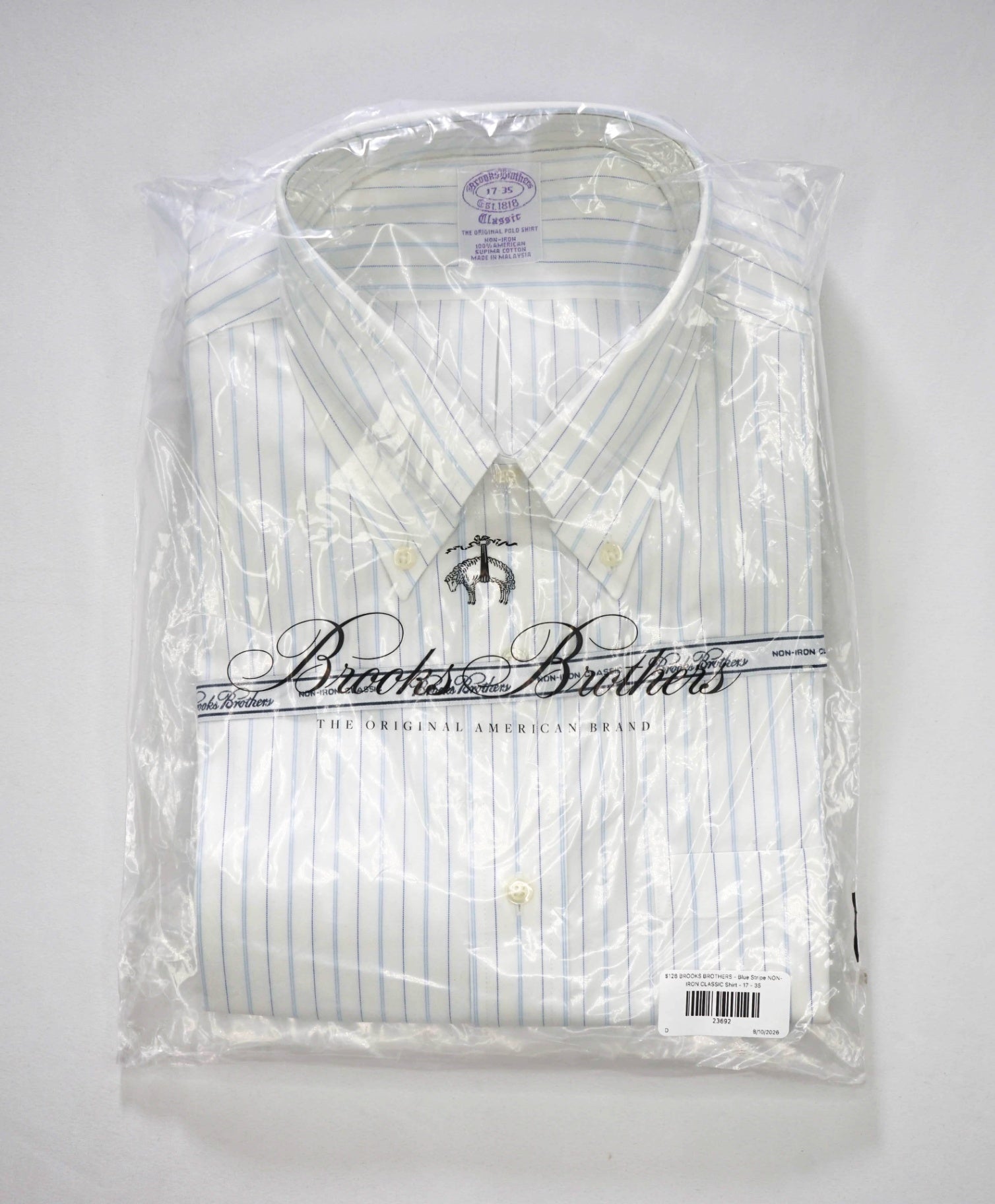 $128 BROOKS BROTHERS - Blue Stripe NON-IRON CLASSIC Shirt - 17 - 35