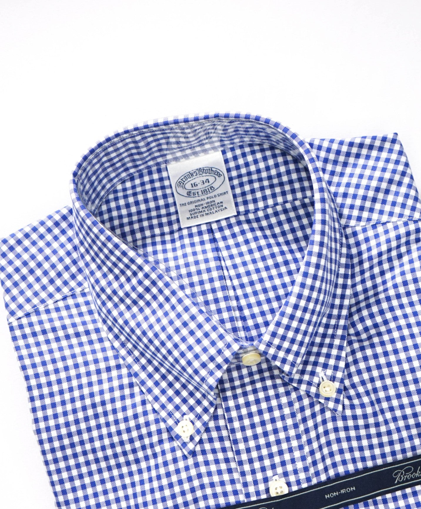 $128 BROOKS BROTHERS - Blue Gingham NON-IRON Shirt - 16 - 34