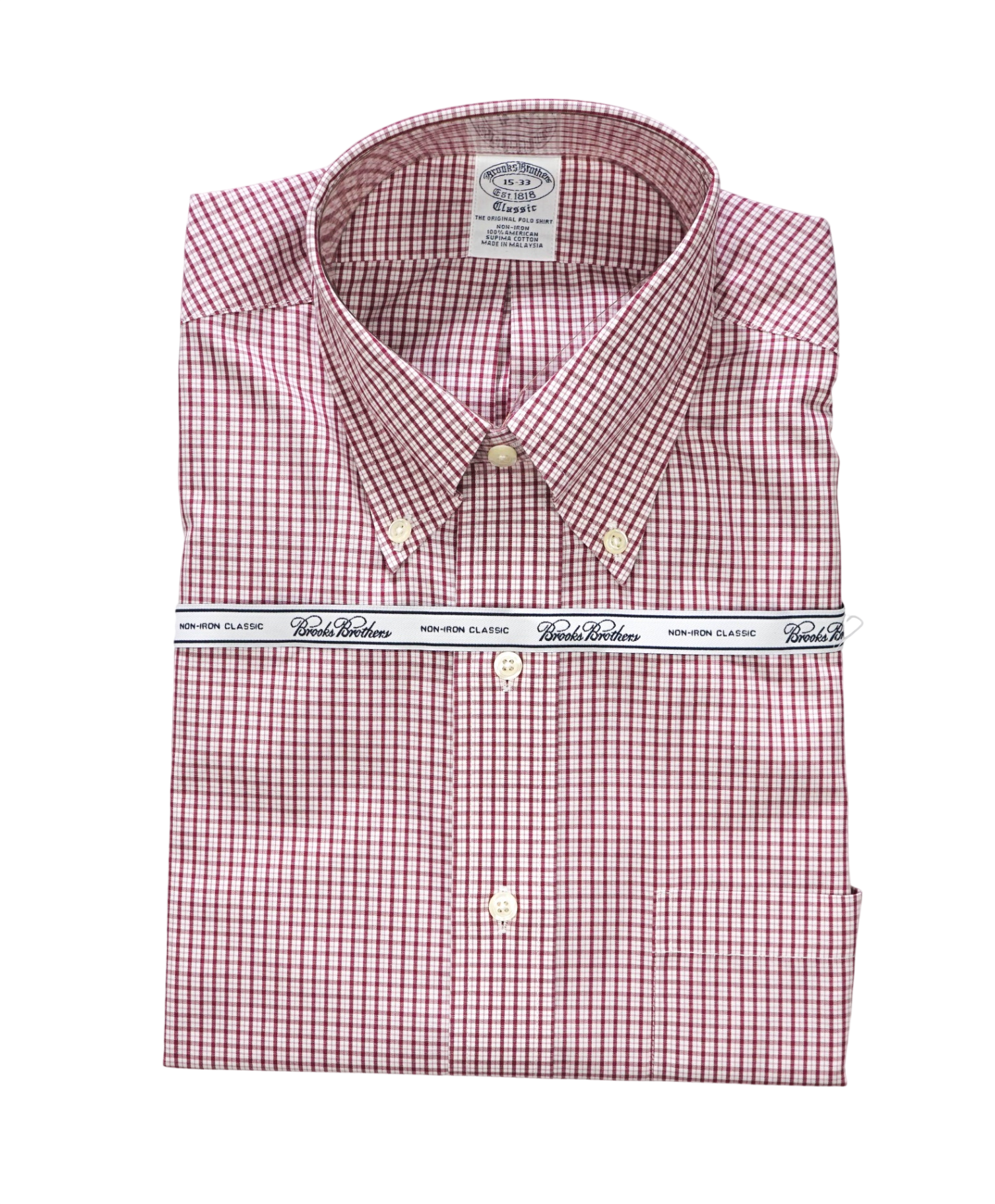$128 BROOKS BROTHERS - Red Micro Plaid NON-IRON CLASSIC Shirt - 15 - 33