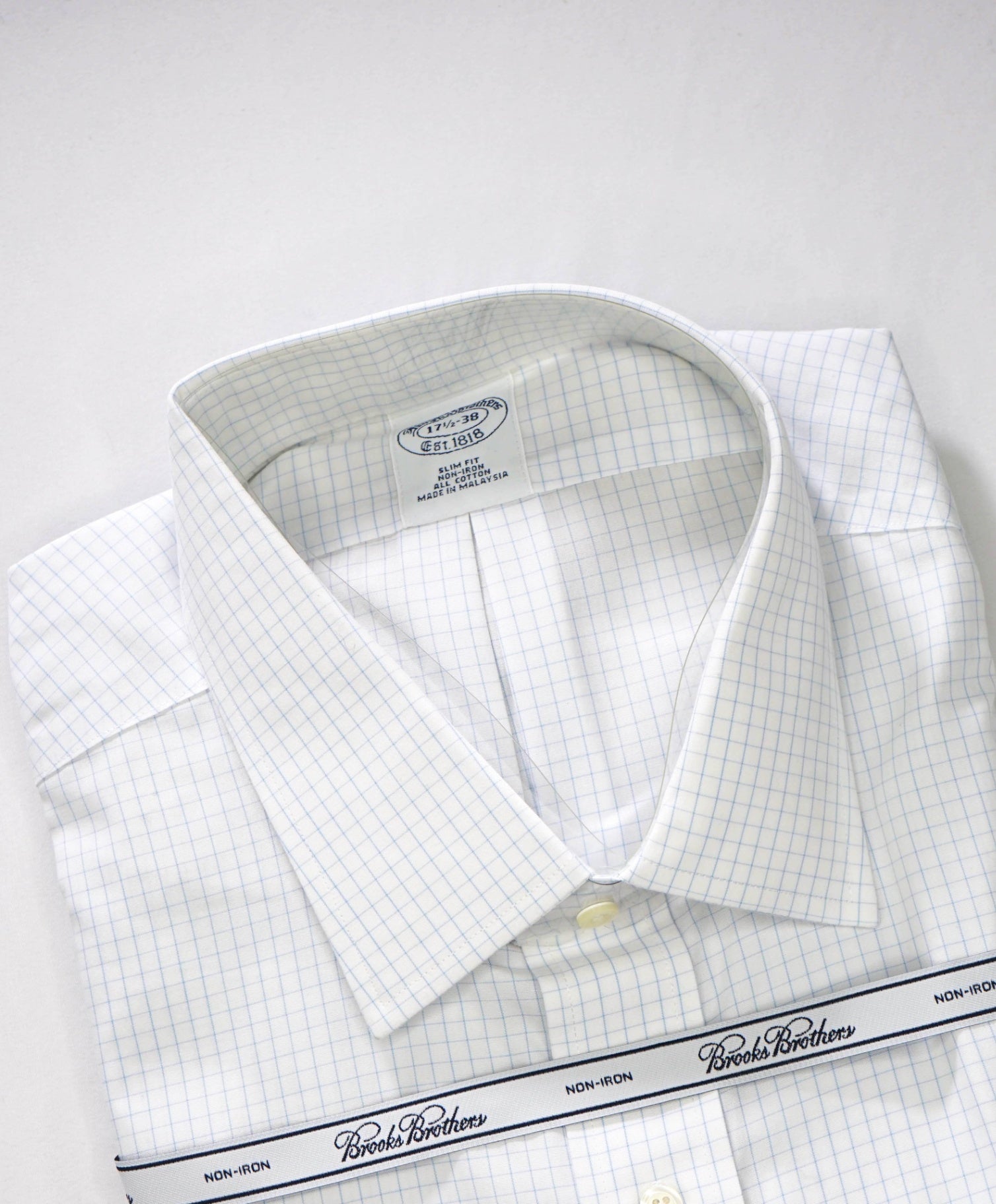 $128 BROOKS BROTHERS - Blue Micro Check NON-IRON SLIM FIT Shirt - 17.5 - 38