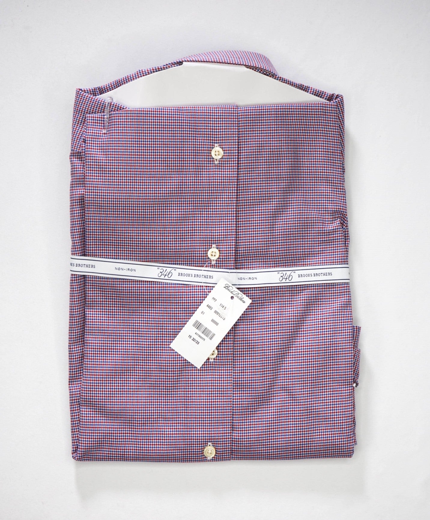$128 BROOKS BROTHERS - Blue/Red Micro Houndstooth NON-IRON SLIM FIT "346" Shirt - 15 - 32/33