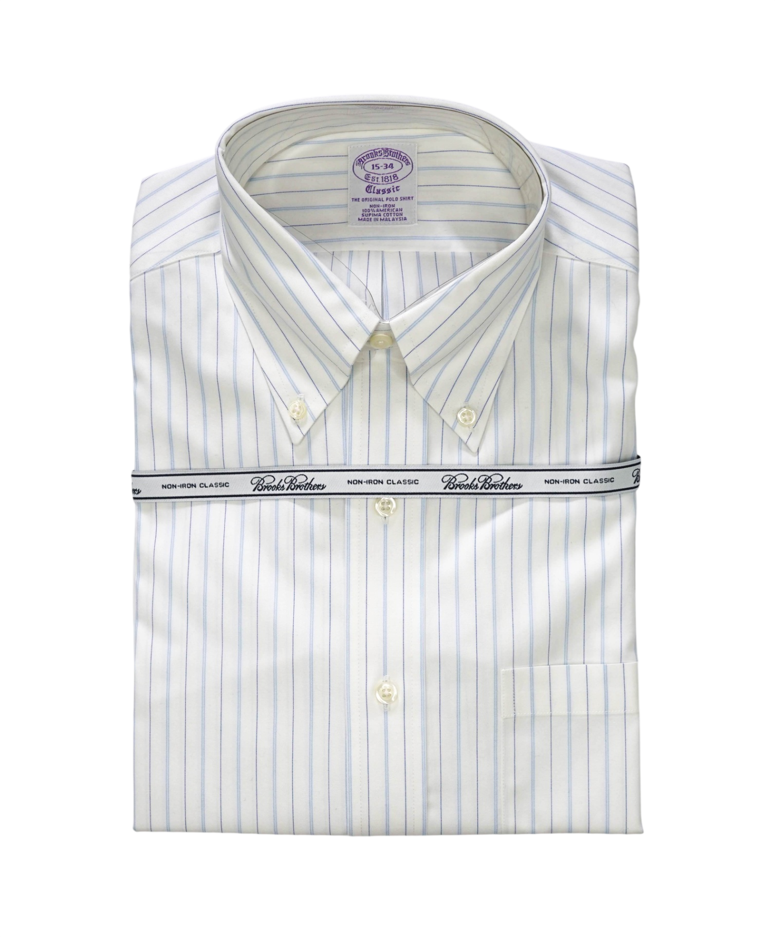 $128 BROOKS BROTHERS - Blue Stripe NON-IRON CLASSIC Shirt - 15 - 34