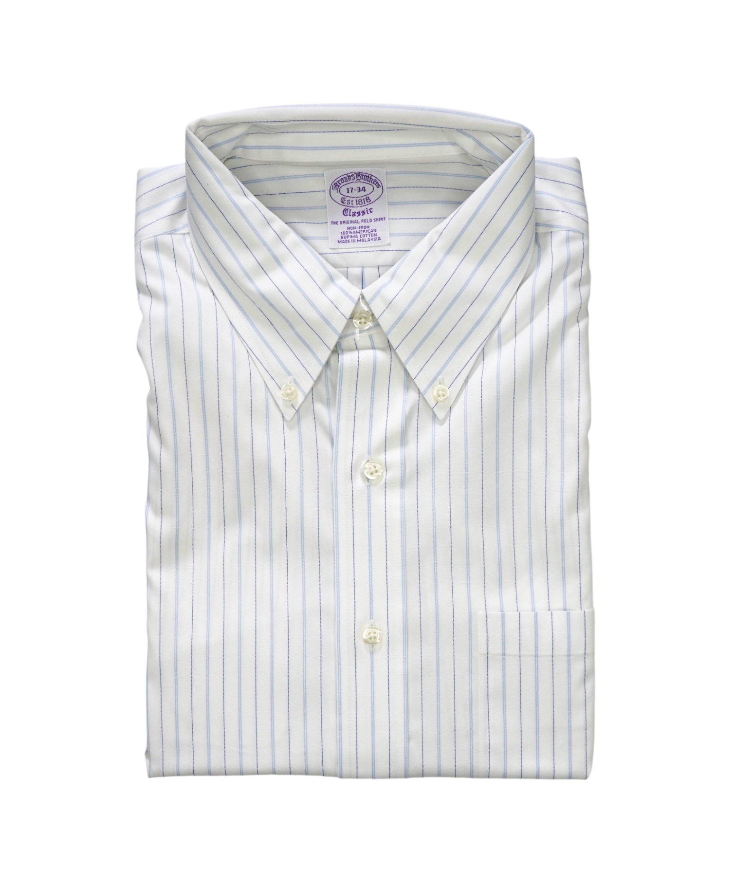 $128 BROOKS BROTHERS - Blue Stripe NON-IRON CLASSIC Shirt - 17 - 34