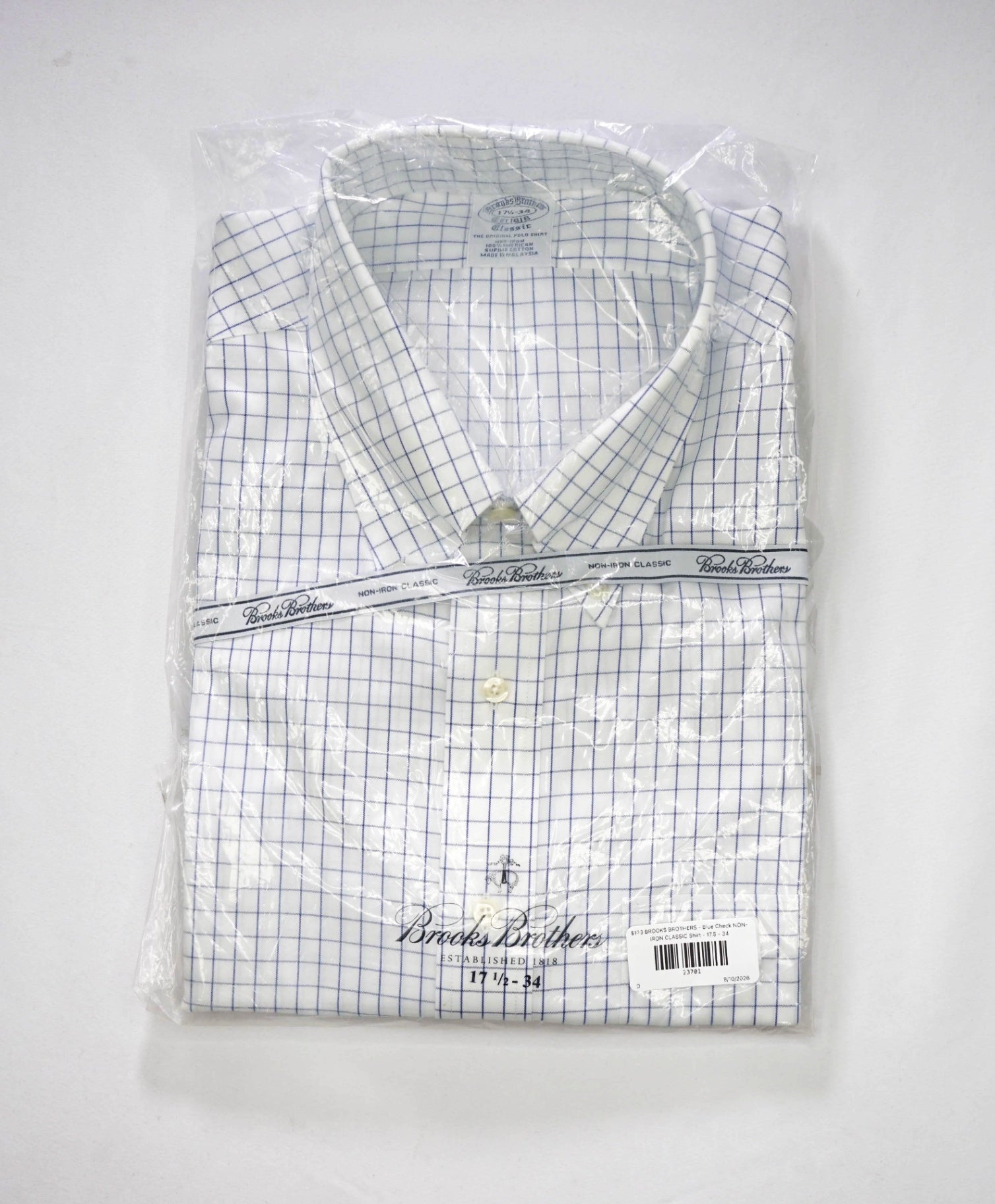 $128 BROOKS BROTHERS - Blue Check NON-IRON CLASSIC Shirt - 17.5 - 34