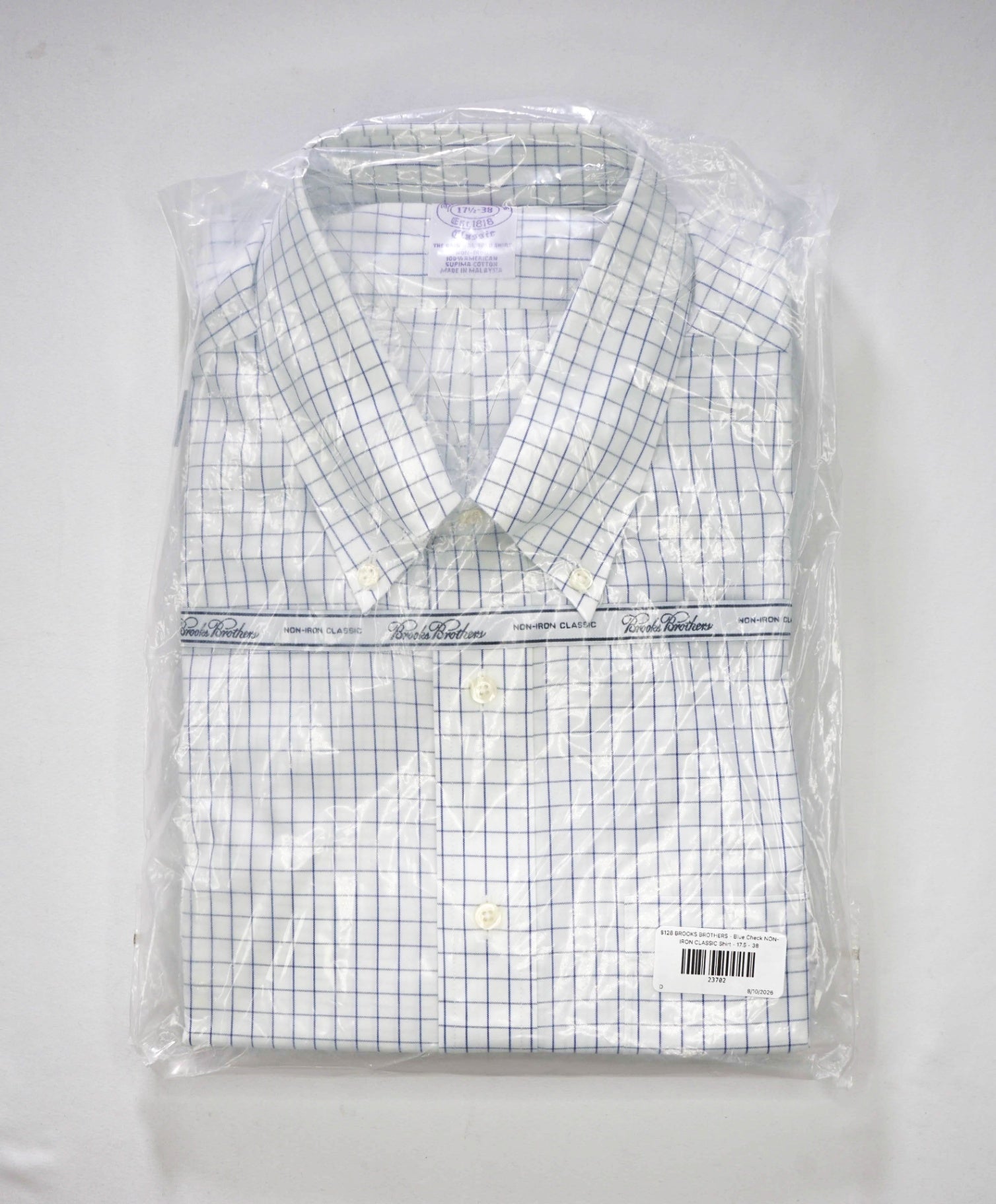 $128 BROOKS BROTHERS - Blue Check NON-IRON CLASSIC Shirt - 17.5 - 38