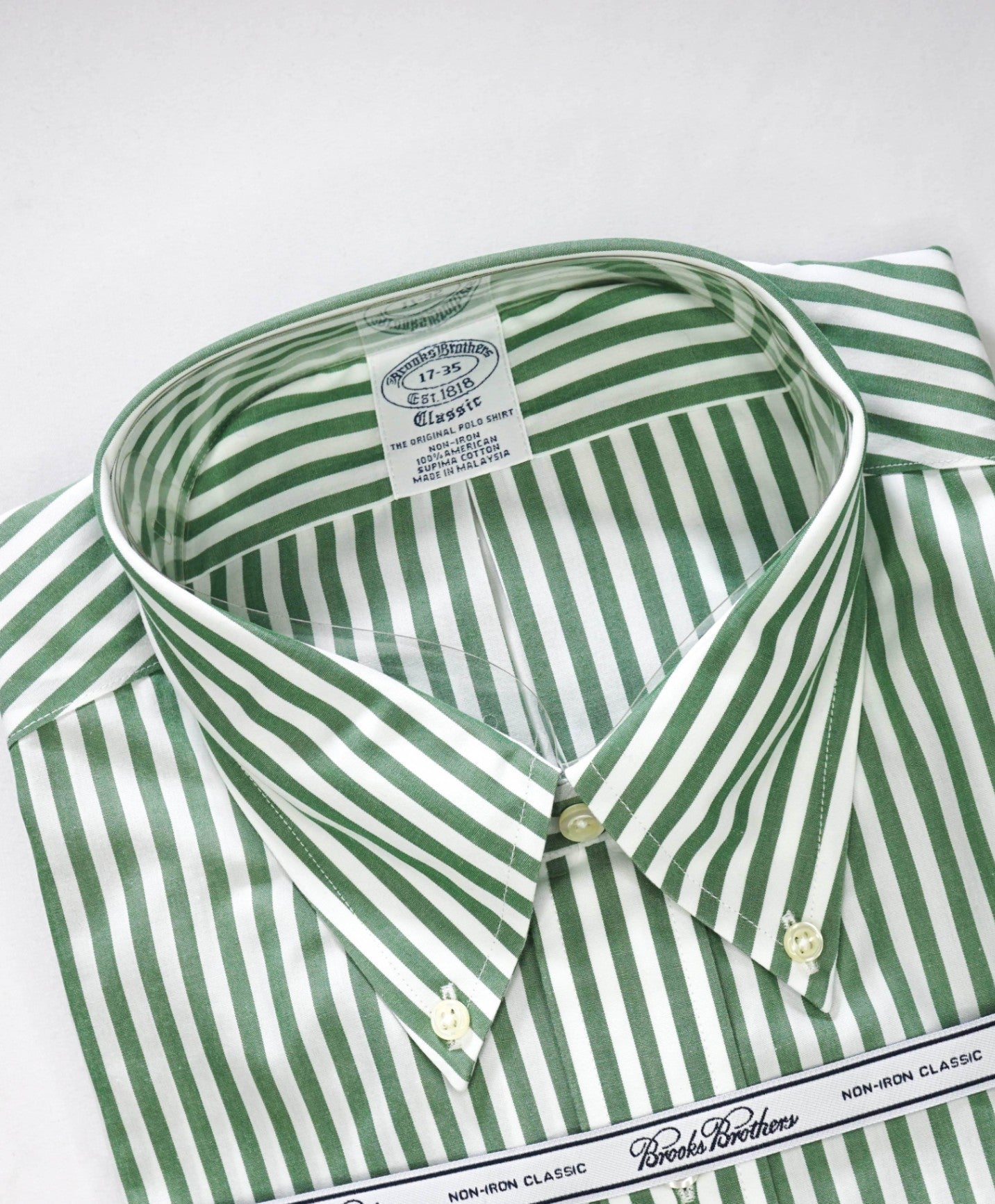 $128 BROOKS BROTHERS - Green Stripe NON-IRON CLASSIC Shirt - 17 - 35