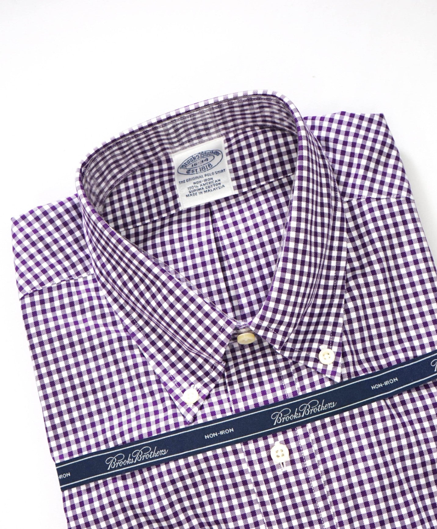 $128 BROOKS BROTHERS - Purple Gingham NON-IRON Shirt - 16 - 34