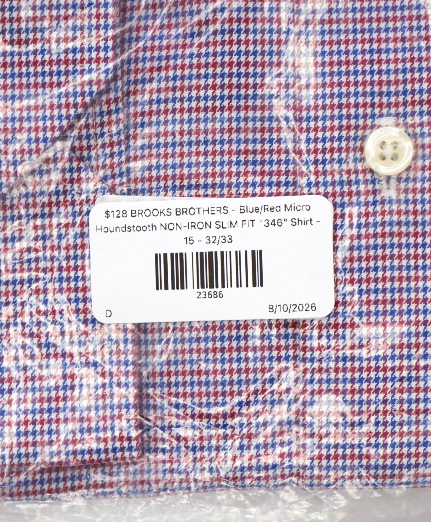 $128 BROOKS BROTHERS - Blue/Red Micro Houndstooth NON-IRON SLIM FIT "346" Shirt - 15 - 32/33