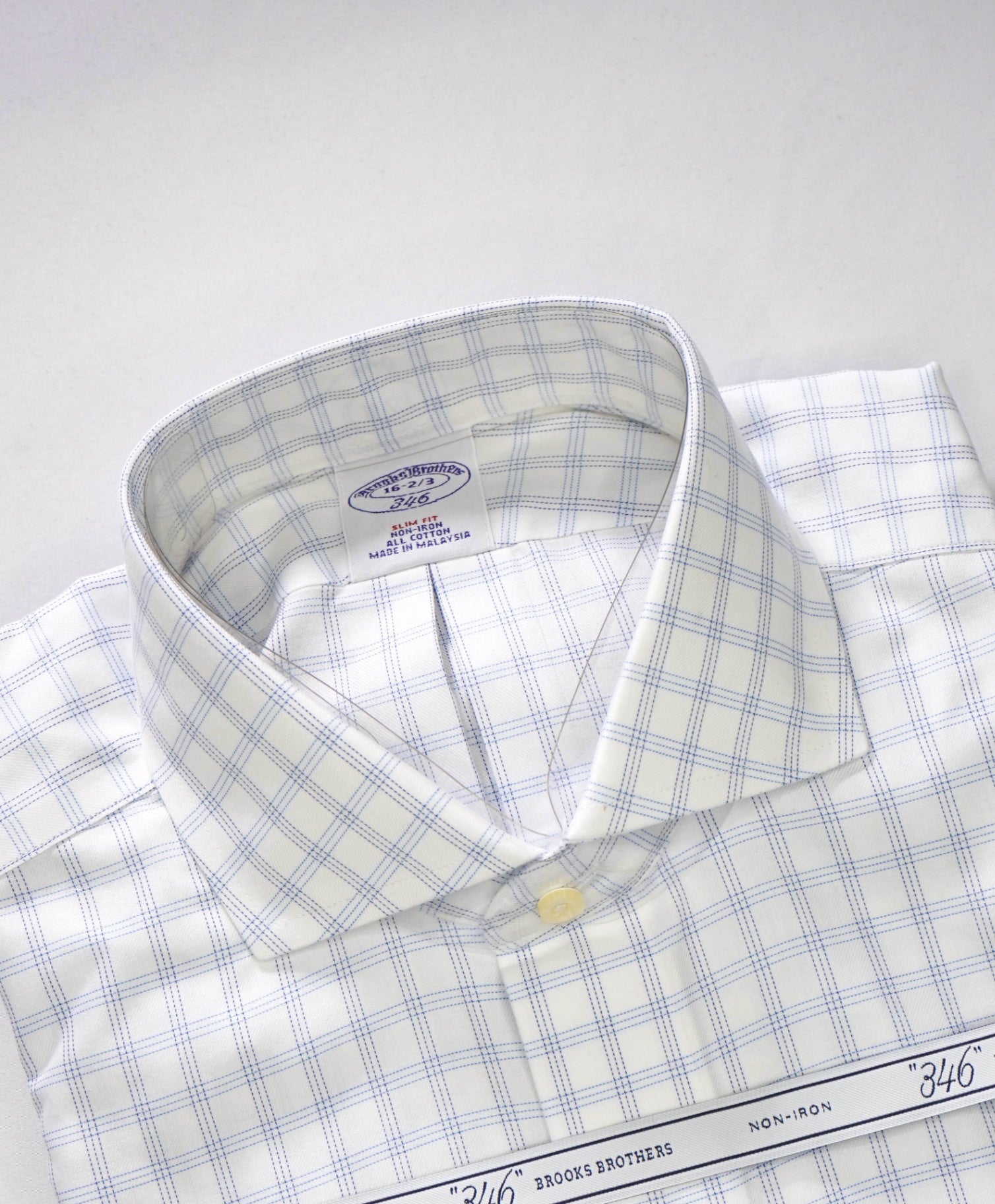 $128 BROOKS BROTHERS - Blue Plaid NON-IRON SLIM FIT "346" Shirt - 16 - 32/33