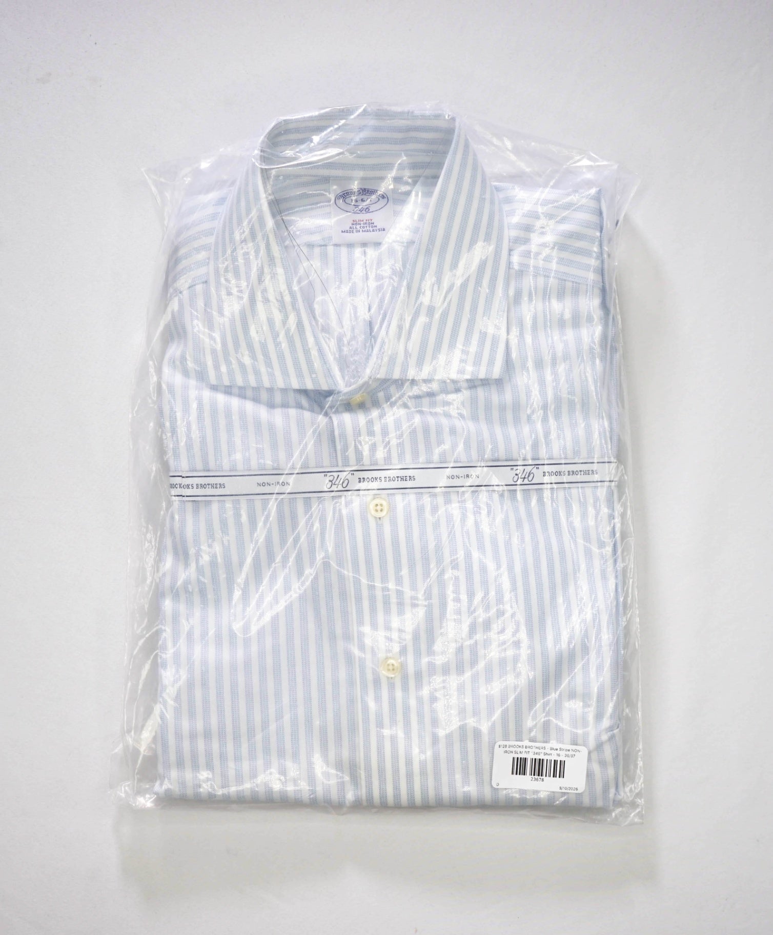 $128 BROOKS BROTHERS - Blue Stripe NON-IRON SLIM FIT "346" Shirt - 16 - 36/37