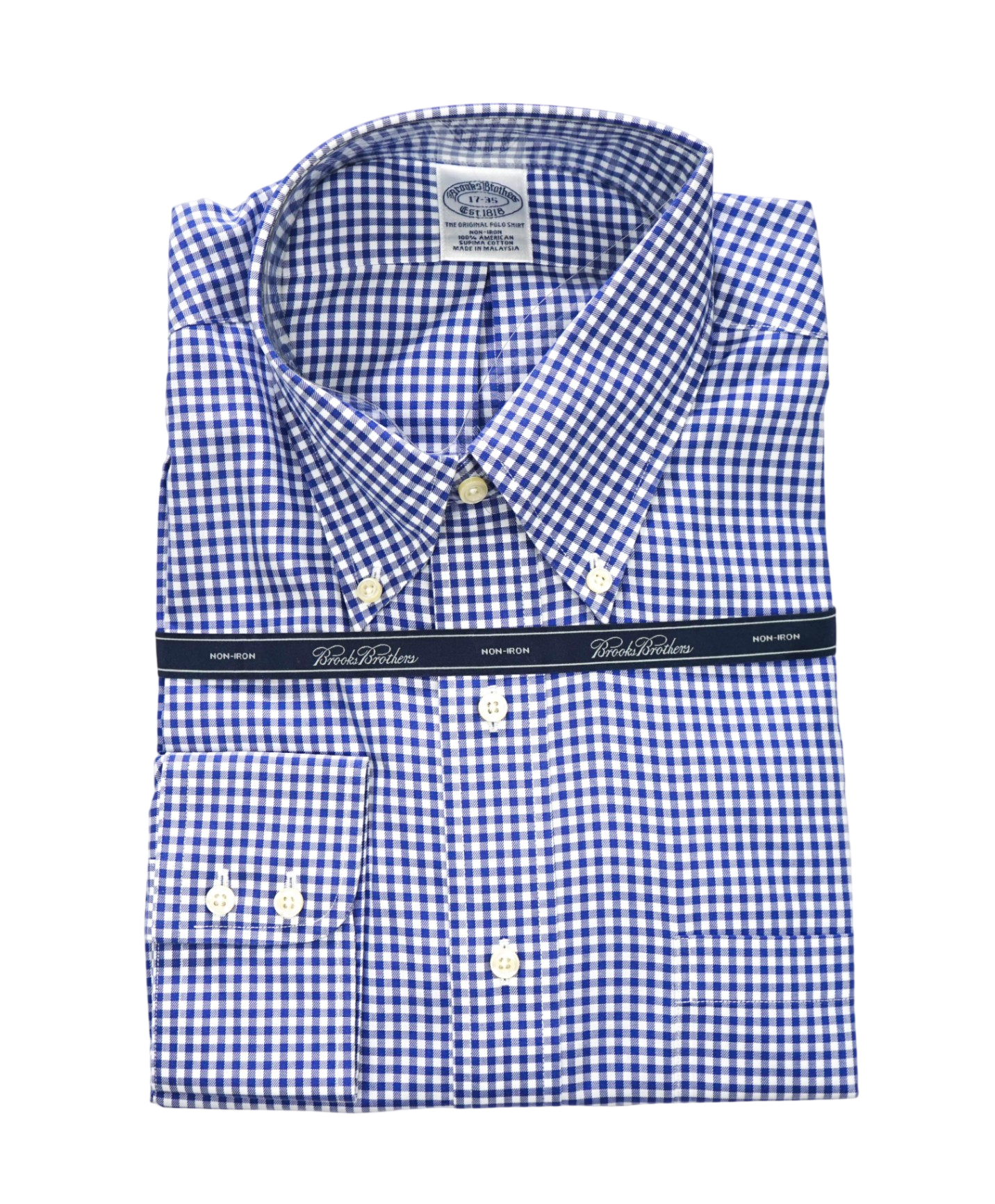 $128 BROOKS BROTHERS - Blue Gingham NON-IRON Shirt - 17 - 35