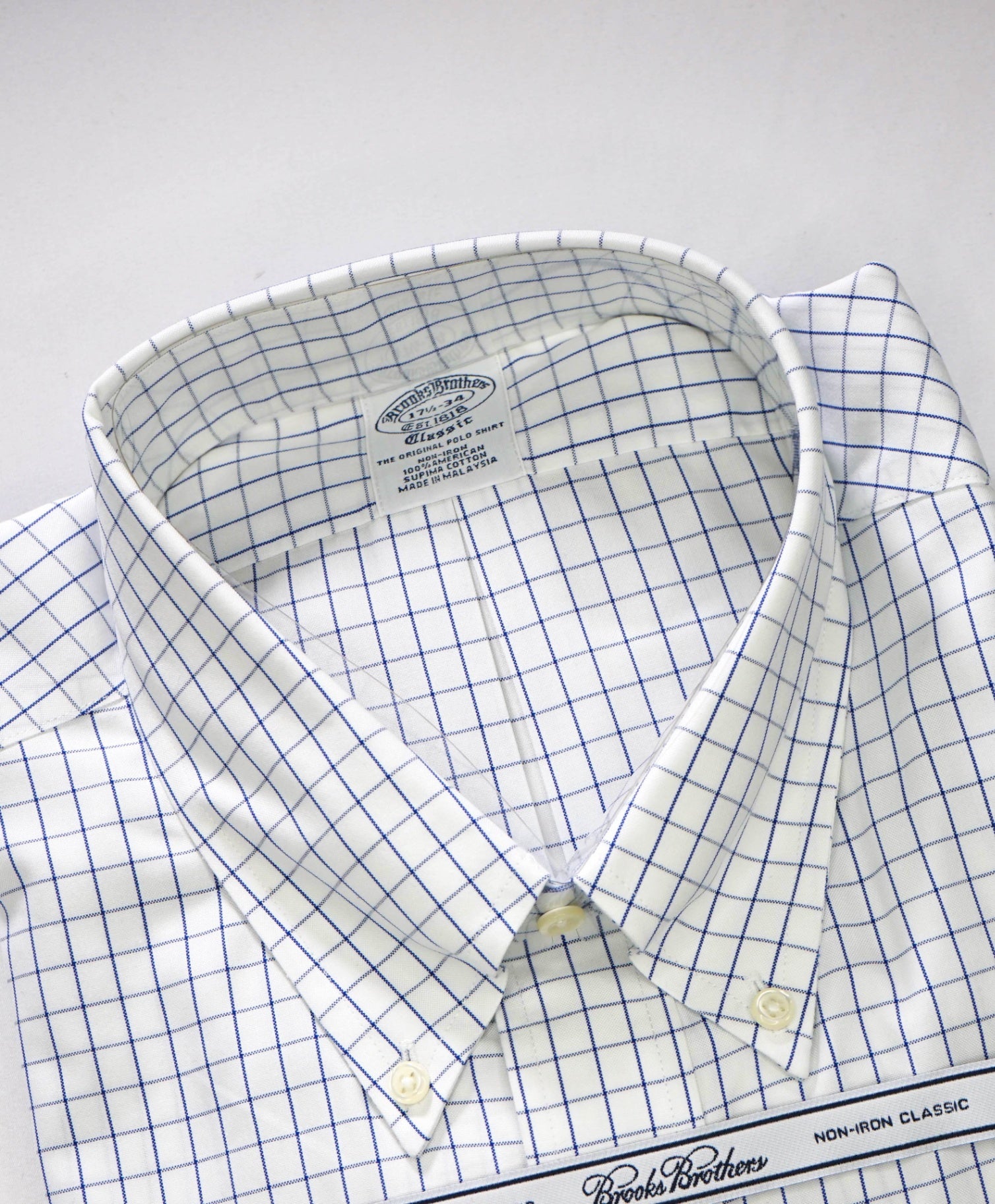 $128 BROOKS BROTHERS - Blue Check NON-IRON CLASSIC Shirt - 17.5 - 34