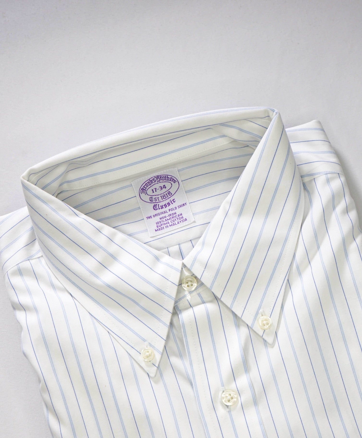 $128 BROOKS BROTHERS - Blue Stripe NON-IRON CLASSIC Shirt - 17 - 34