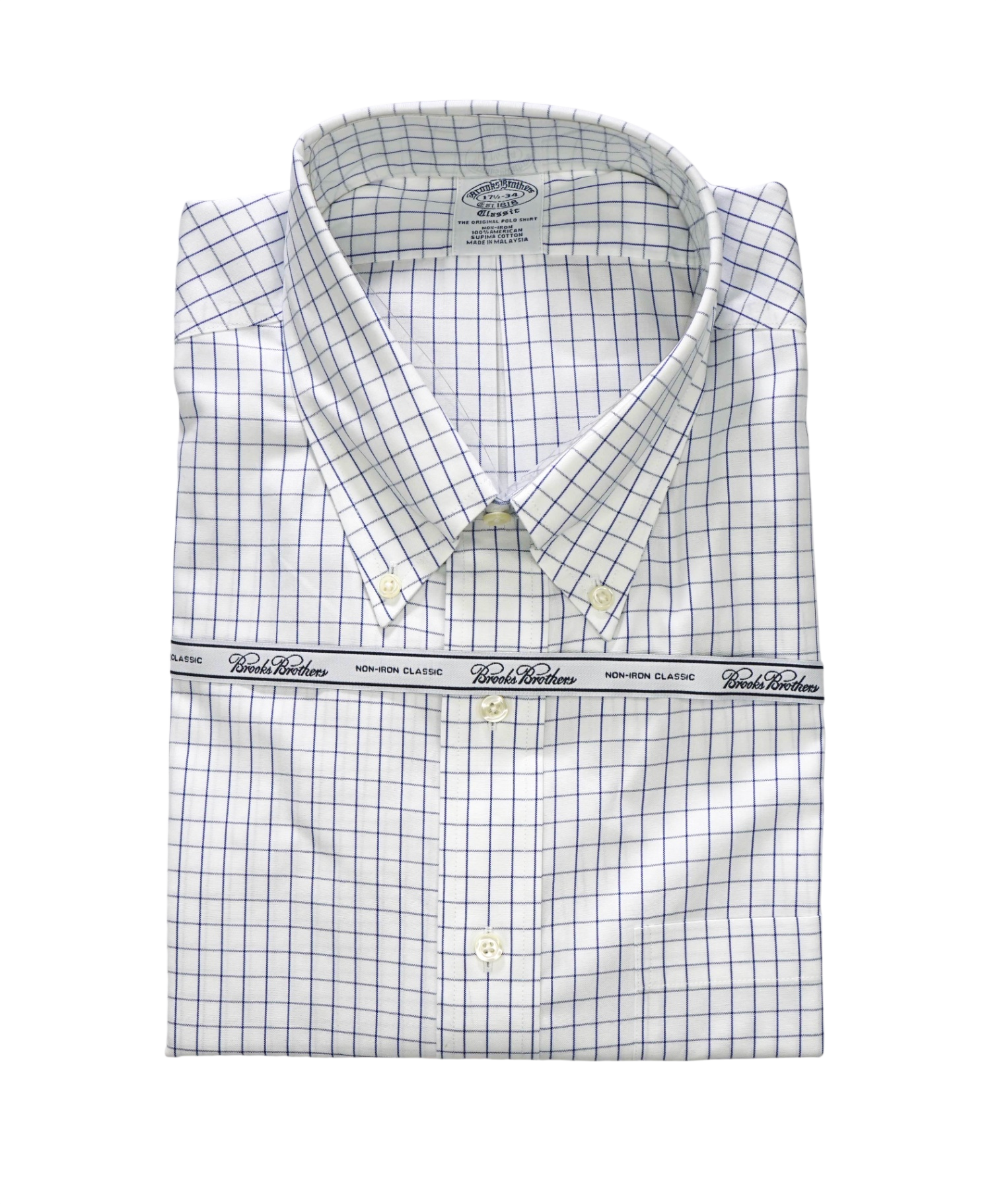$128 BROOKS BROTHERS - Blue Check NON-IRON CLASSIC Shirt - 17.5 - 34