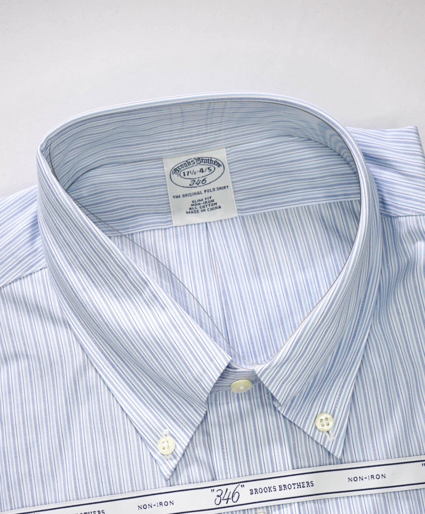 $128 BROOKS BROTHERS - Blue Stripe NON-IRON SLIM FIT "346" Shirt - 17.5 - 34/35