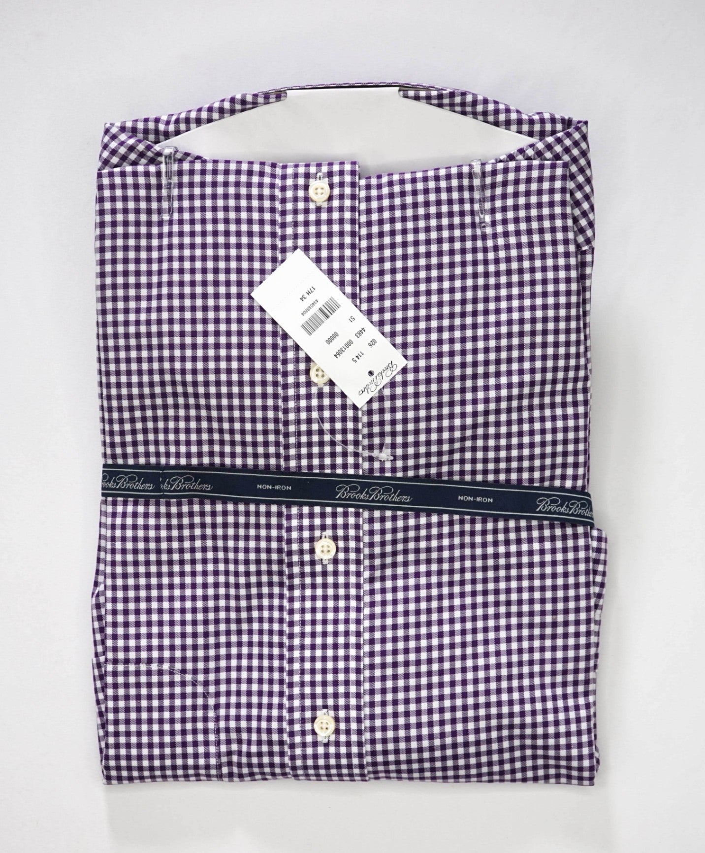 $128 BROOKS BROTHERS - Purple Gingham NON-IRON Shirt - 17.5 - 34