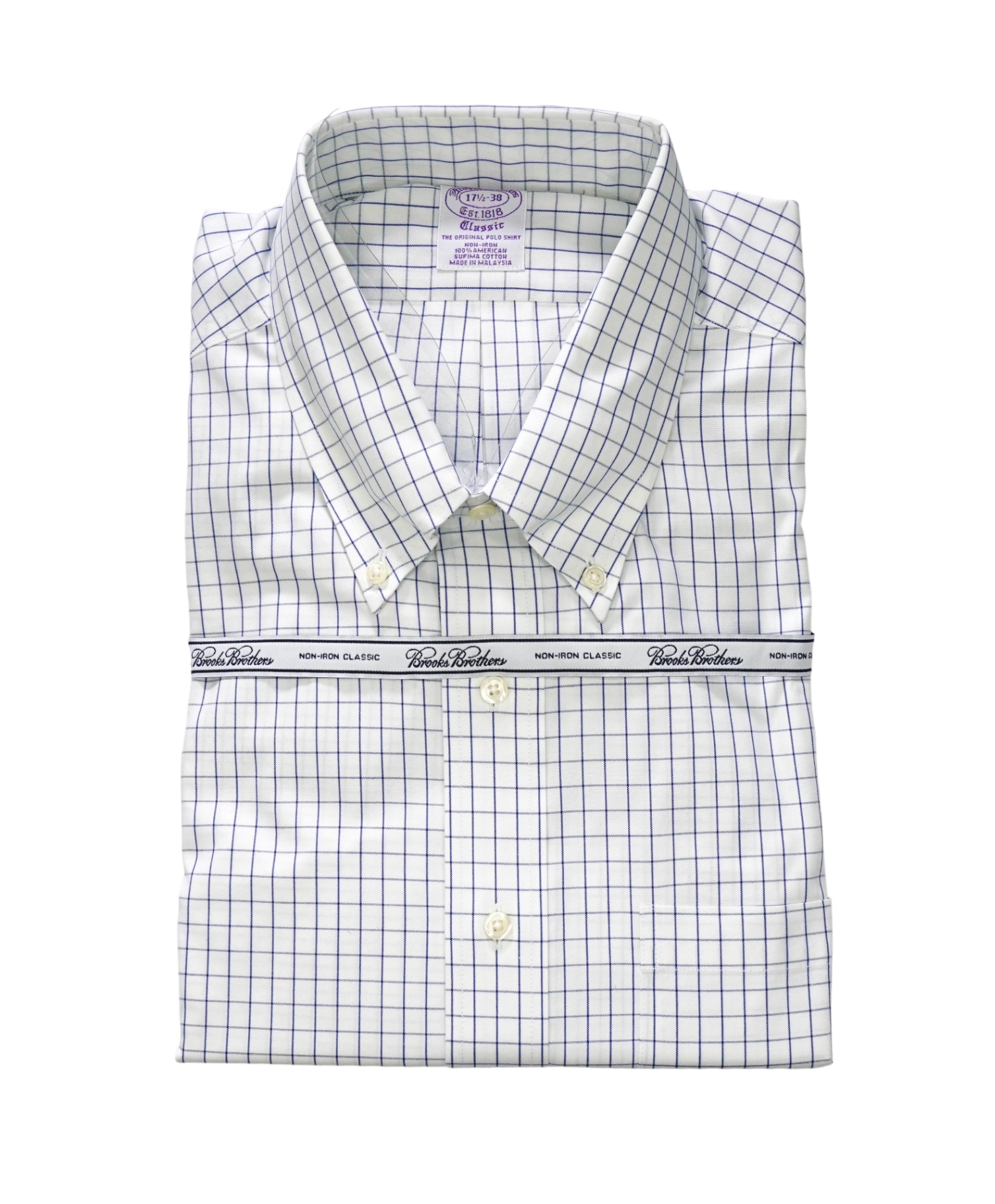 $128 BROOKS BROTHERS - Blue Check NON-IRON CLASSIC Shirt - 17.5 - 38