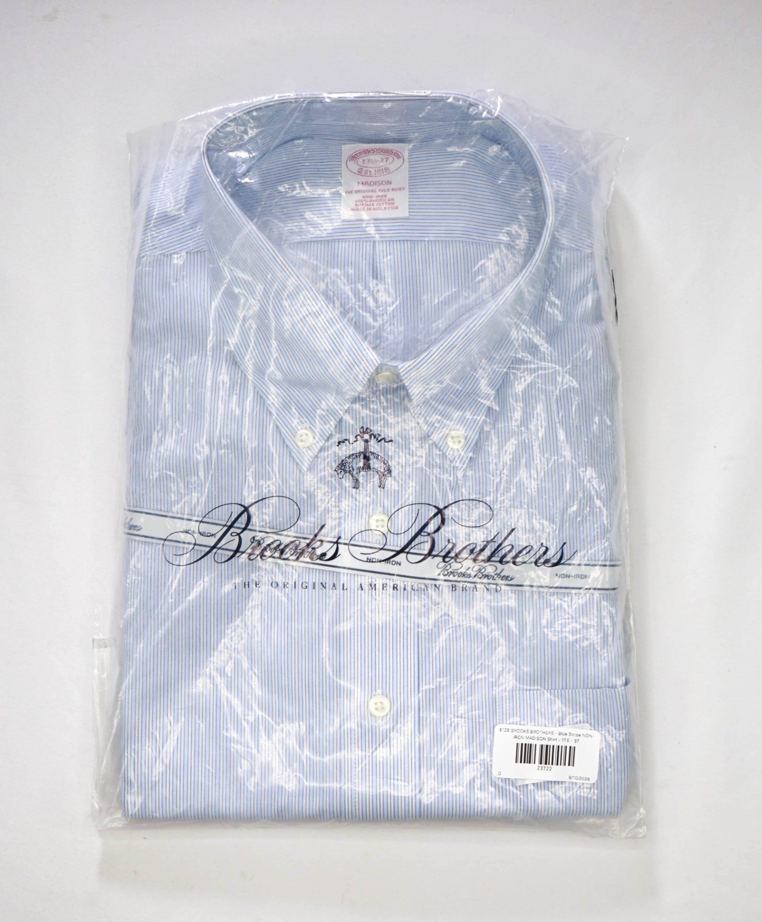 $128 BROOKS BROTHERS - Blue Stripe NON-IRON MADISON Shirt - 17.5 - 37