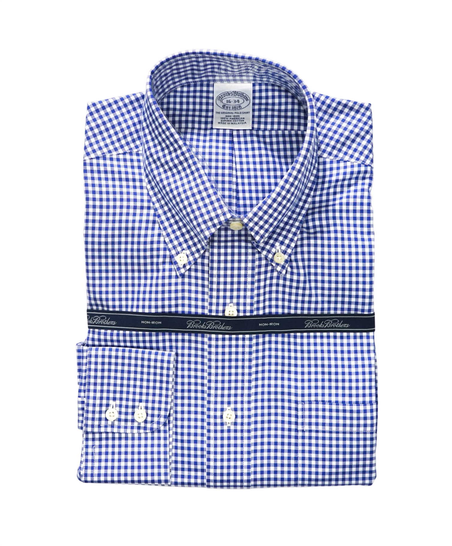 $128 BROOKS BROTHERS - Blue Gingham NON-IRON Shirt - 16 - 34