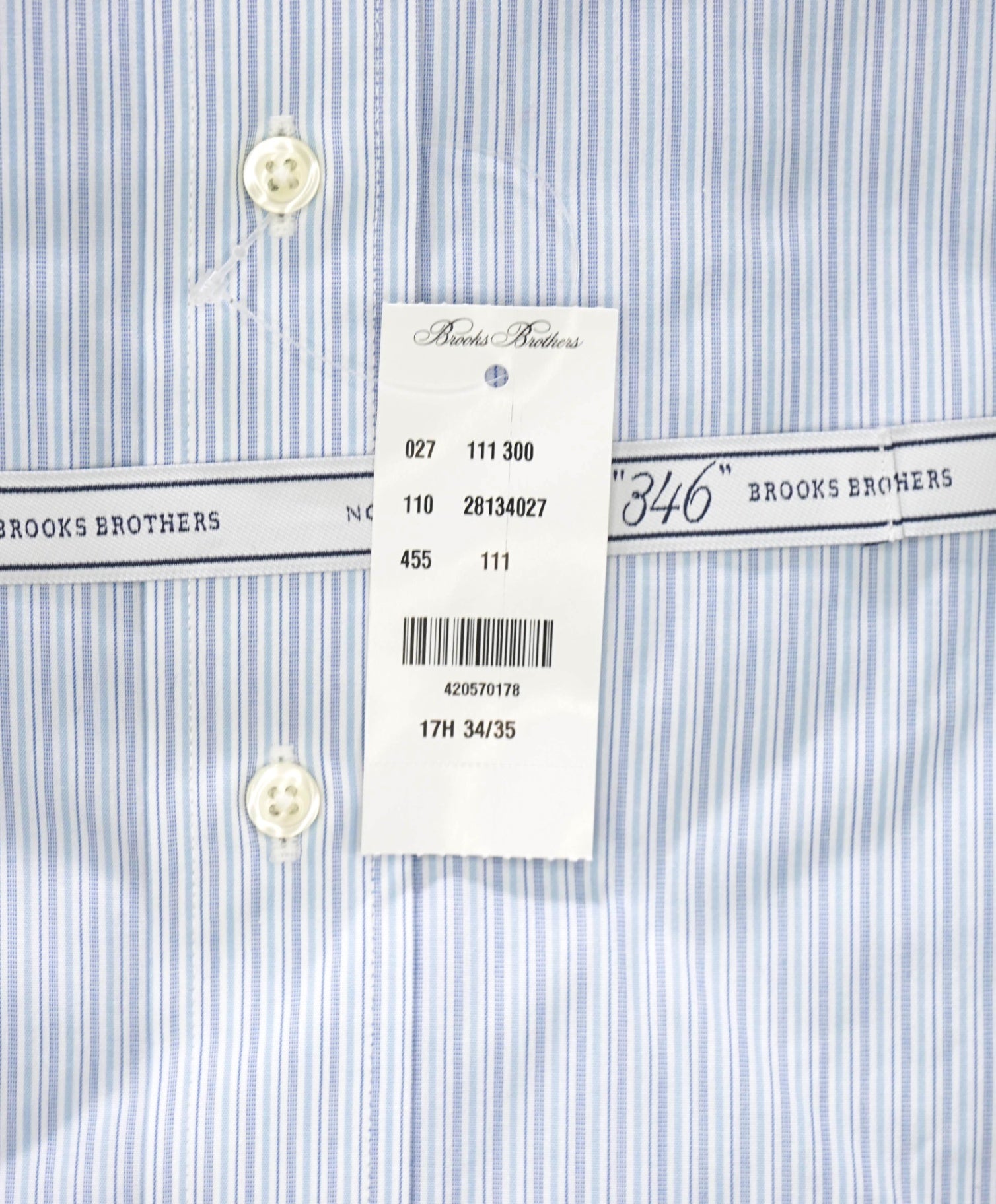 $128 BROOKS BROTHERS - Blue Stripe NON-IRON SLIM FIT "346" Shirt - 17.5 - 34/35
