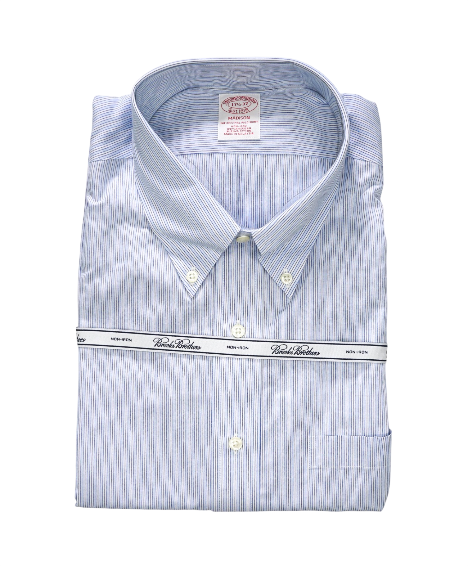 $128 BROOKS BROTHERS - Blue Stripe NON-IRON MADISON Shirt - 17.5 - 37