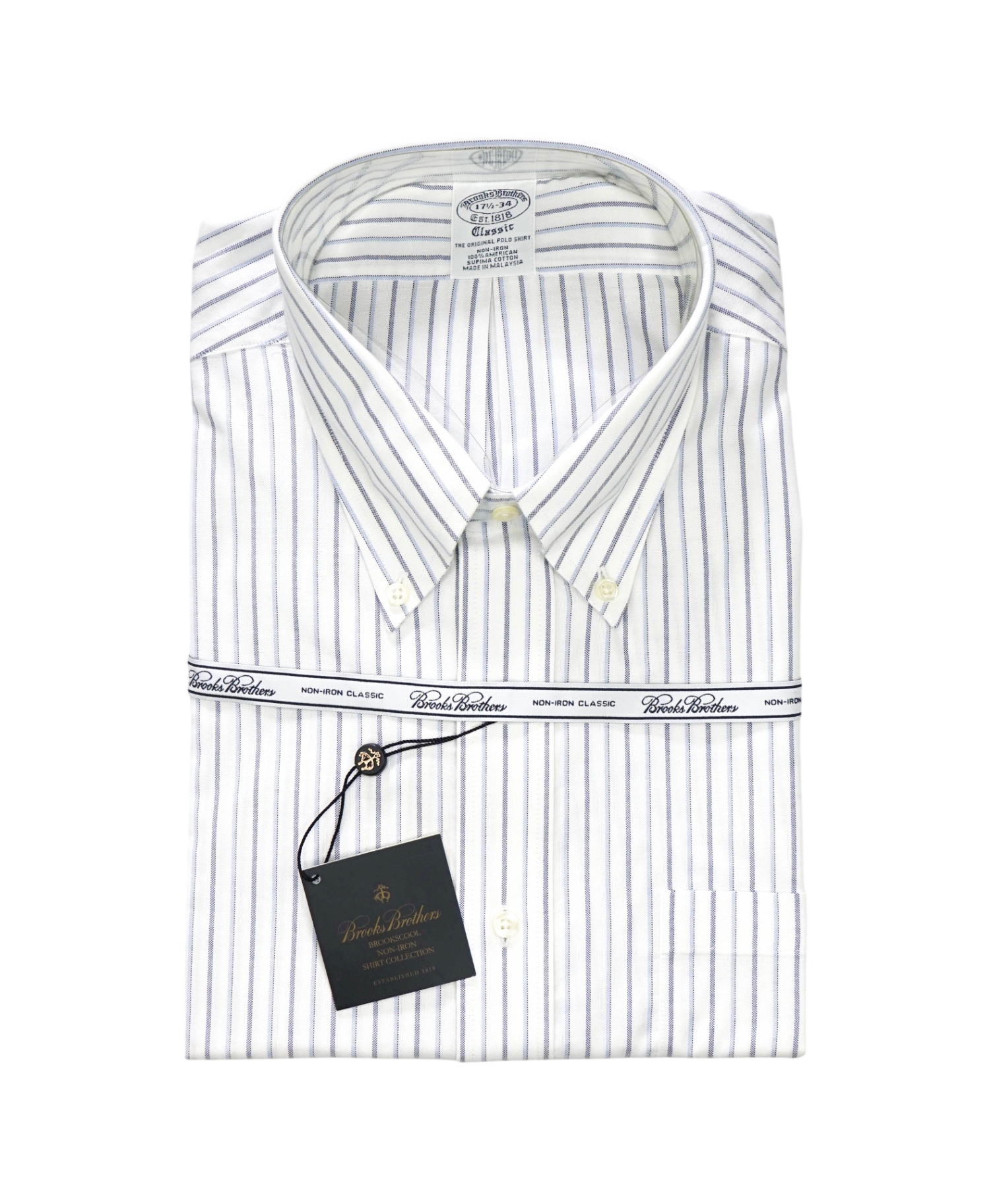 $128 BROOKS BROTHERS - Blue Stripe NON-IRON CLASSIC Shirt - 17.5 - 34