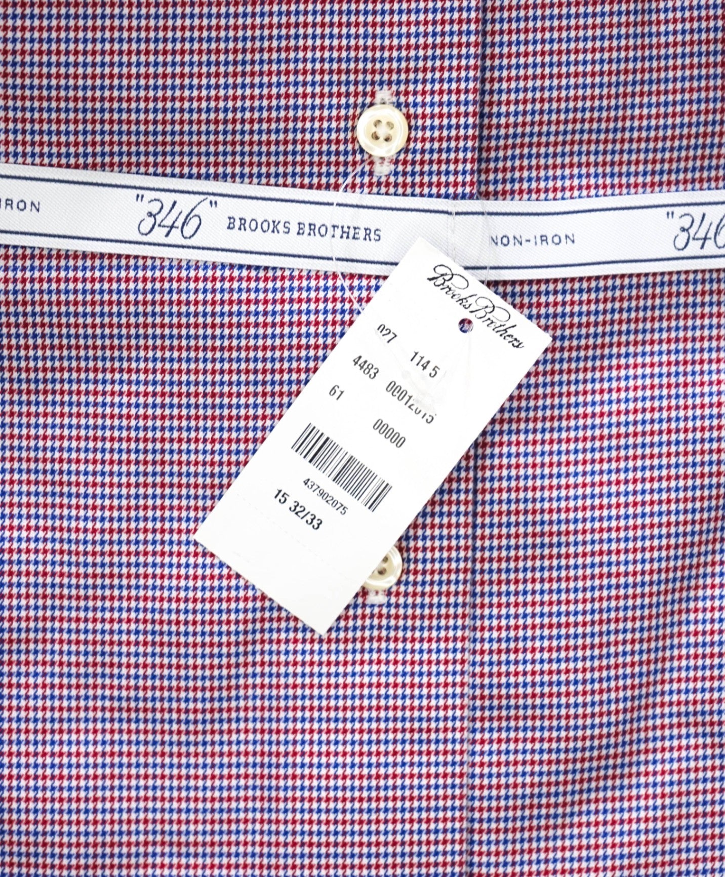 $128 BROOKS BROTHERS - Blue/Red Micro Houndstooth NON-IRON SLIM FIT "346" Shirt - 15 - 32/33