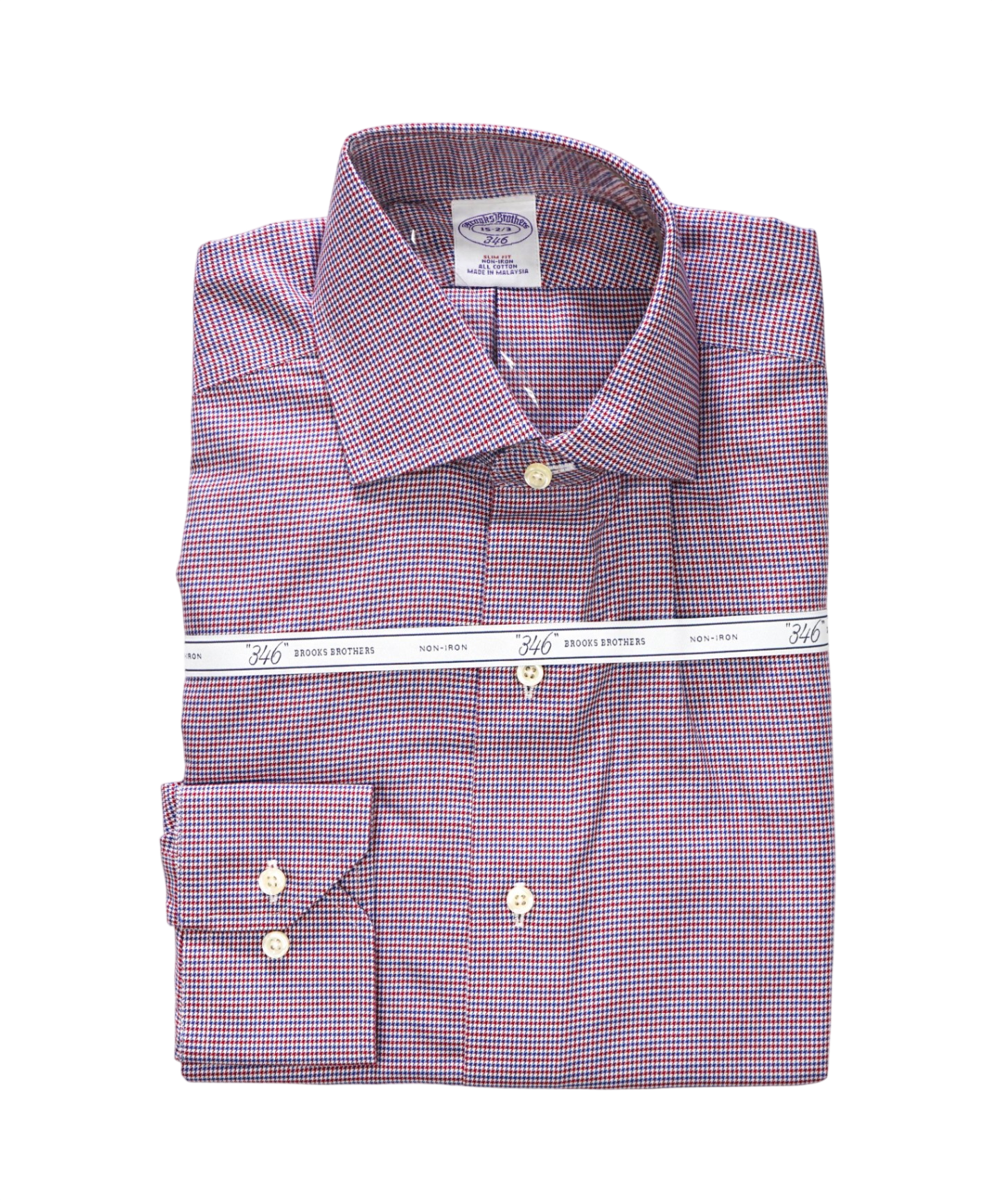 $128 BROOKS BROTHERS - Blue/Red Micro Houndstooth NON-IRON SLIM FIT "346" Shirt - 15 - 32/33