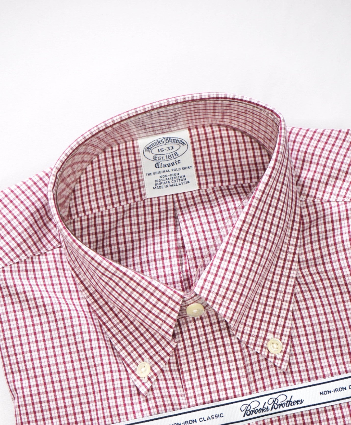 $128 BROOKS BROTHERS - Red Micro Plaid NON-IRON CLASSIC Shirt - 15 - 33