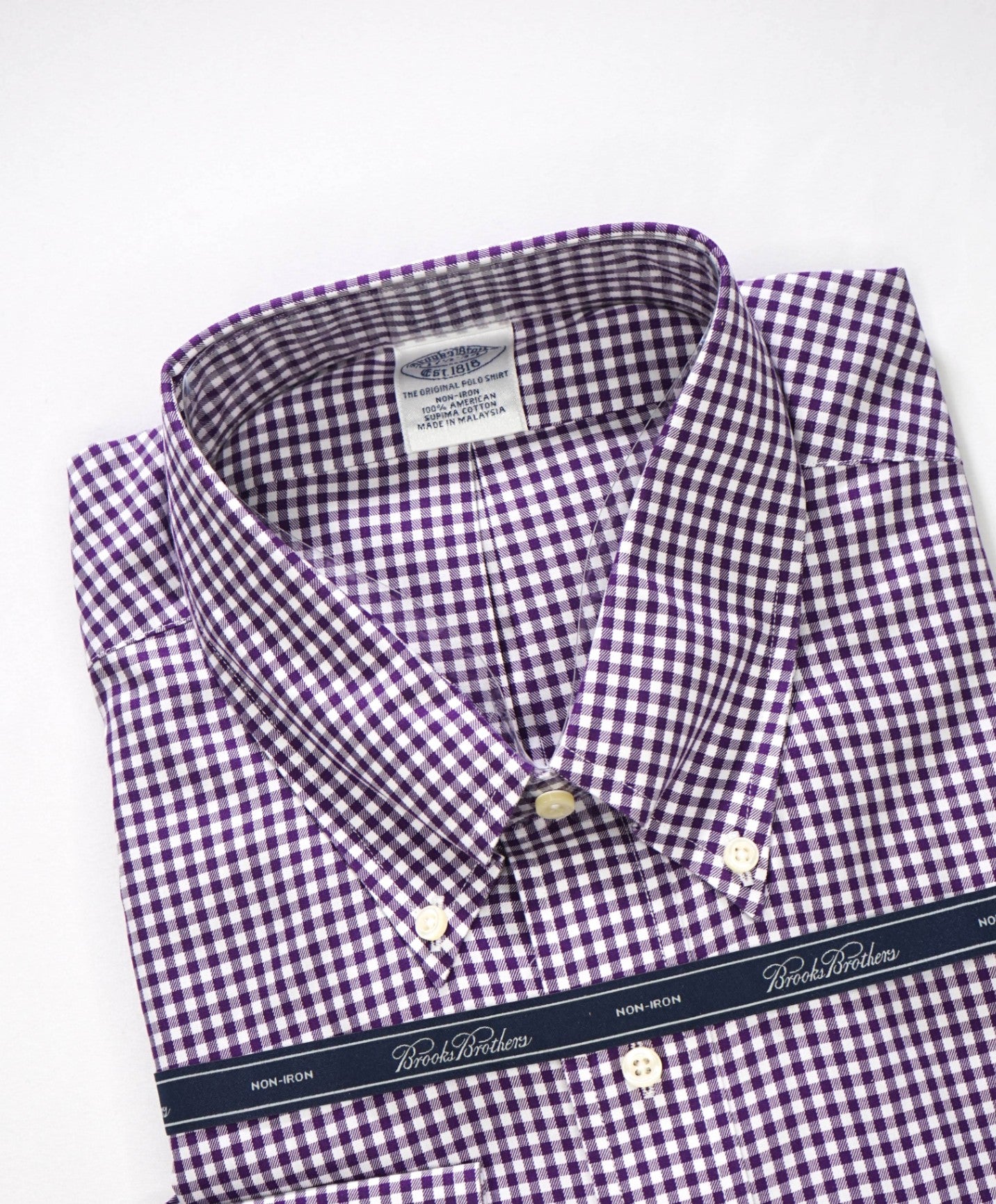 $128 BROOKS BROTHERS - Purple Gingham NON-IRON Shirt - 17.5 - 34
