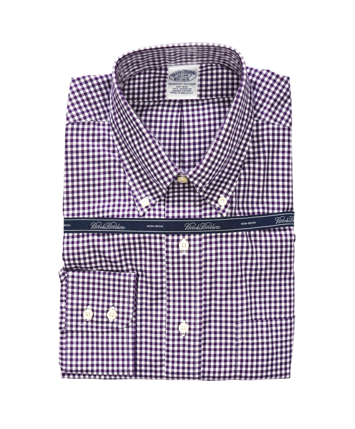$128 BROOKS BROTHERS - Purple Gingham NON-IRON Shirt - 16 - 34