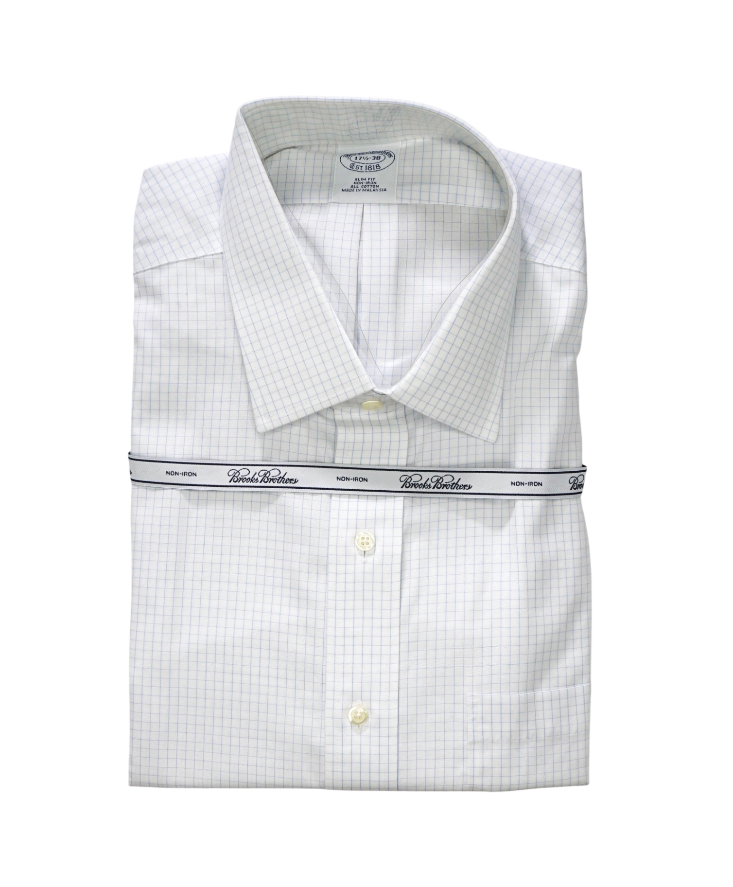 $128 BROOKS BROTHERS - Blue Micro Check NON-IRON SLIM FIT Shirt - 17.5 - 38