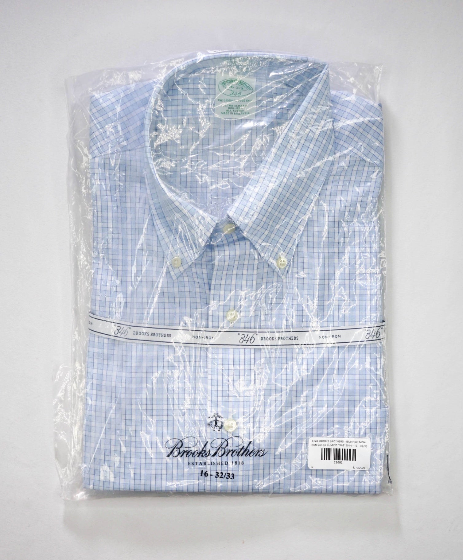 $128 BROOKS BROTHERS - Blue Plaid NON-IRON EXTRA SLIM FIT "346" Shirt - 16 - 32/33