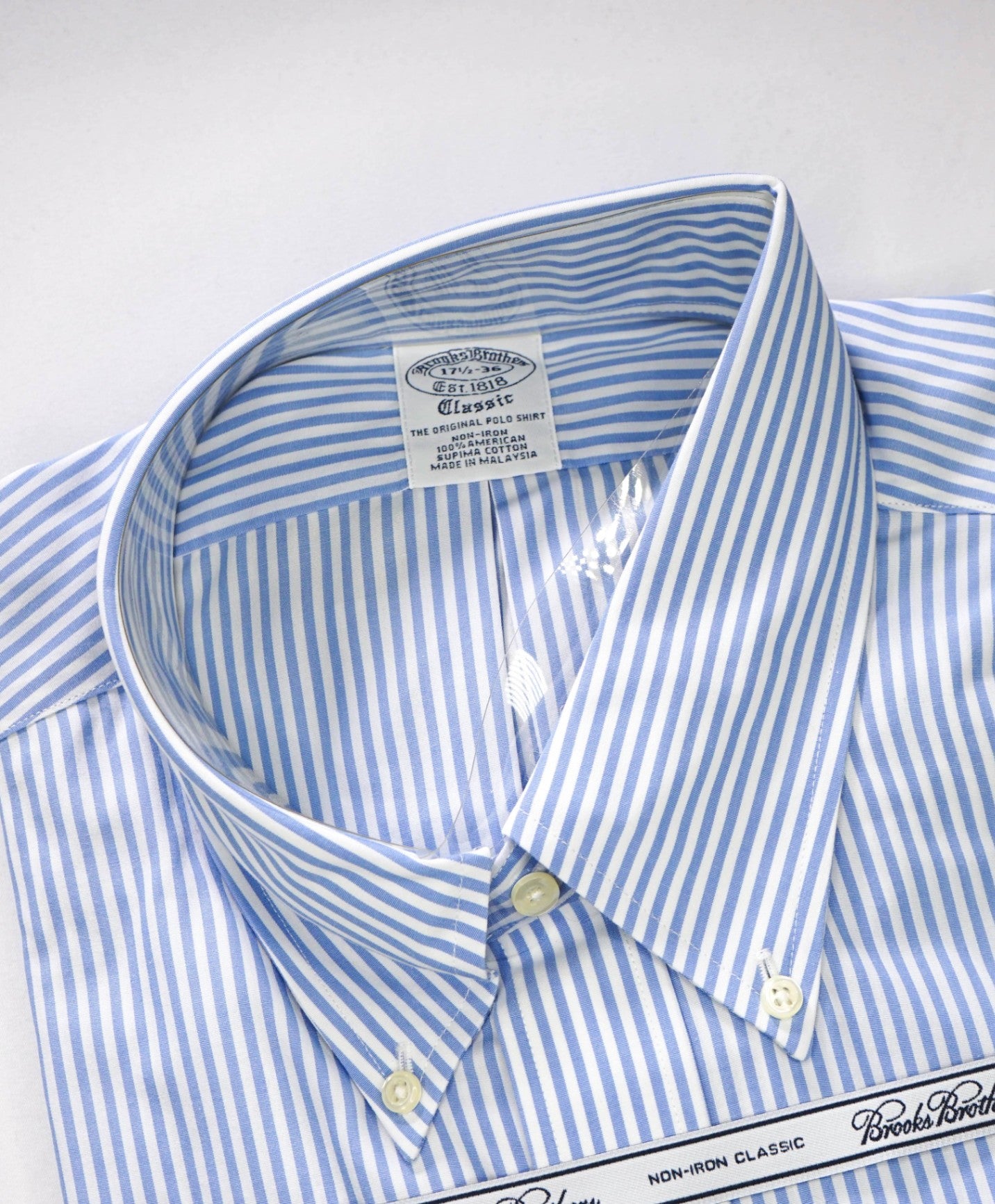  $128 BROOKS BROTHERS - Blue Stripe NON-IRON CLASSIC Shirt - 17.5 - 36