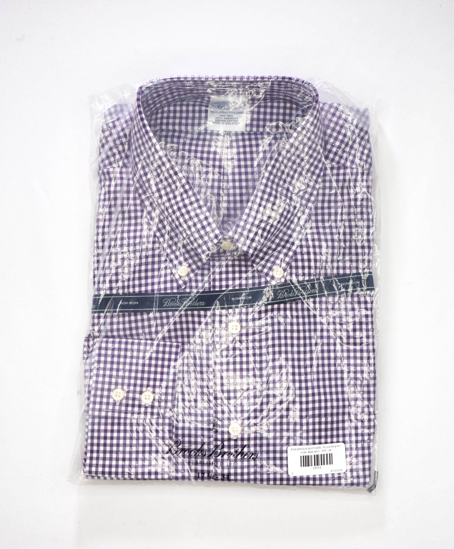 $128 BROOKS BROTHERS - Purple Gingham NON-IRON Shirt - 17.5 - 34
