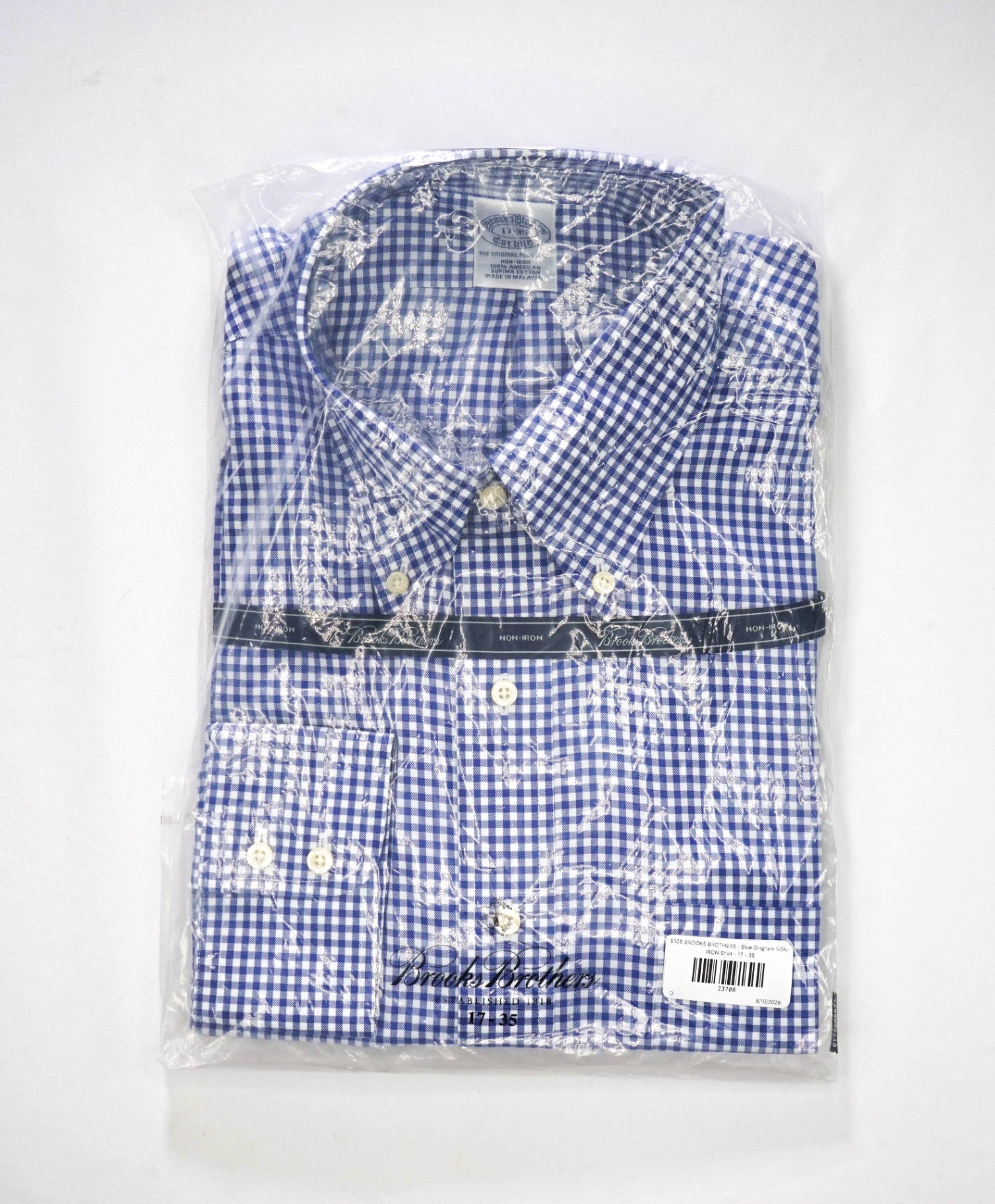 $128 BROOKS BROTHERS - Blue Gingham NON-IRON Shirt - 17 - 35