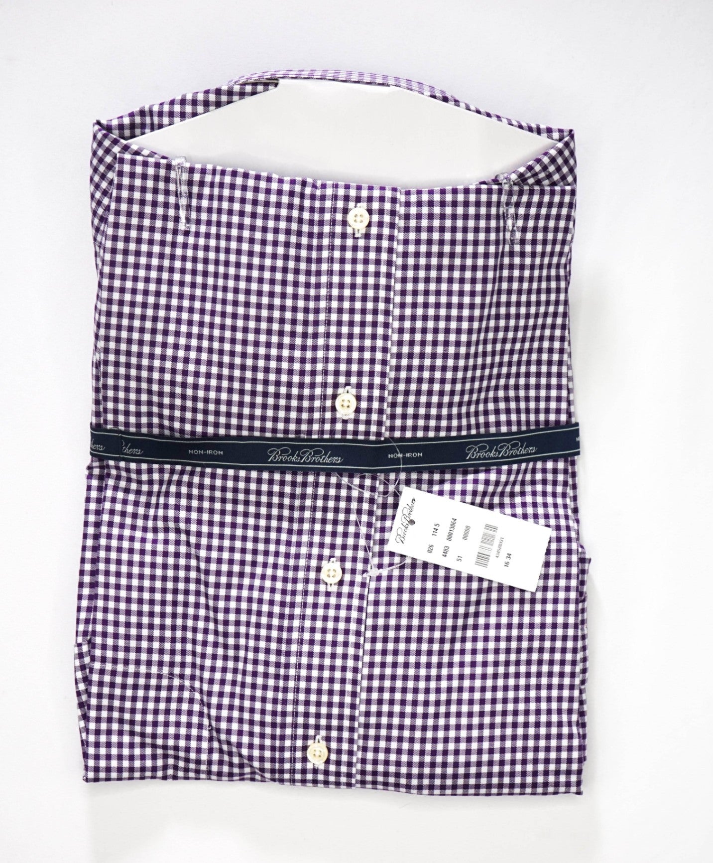 $128 BROOKS BROTHERS - Purple Gingham NON-IRON Shirt - 16 - 34